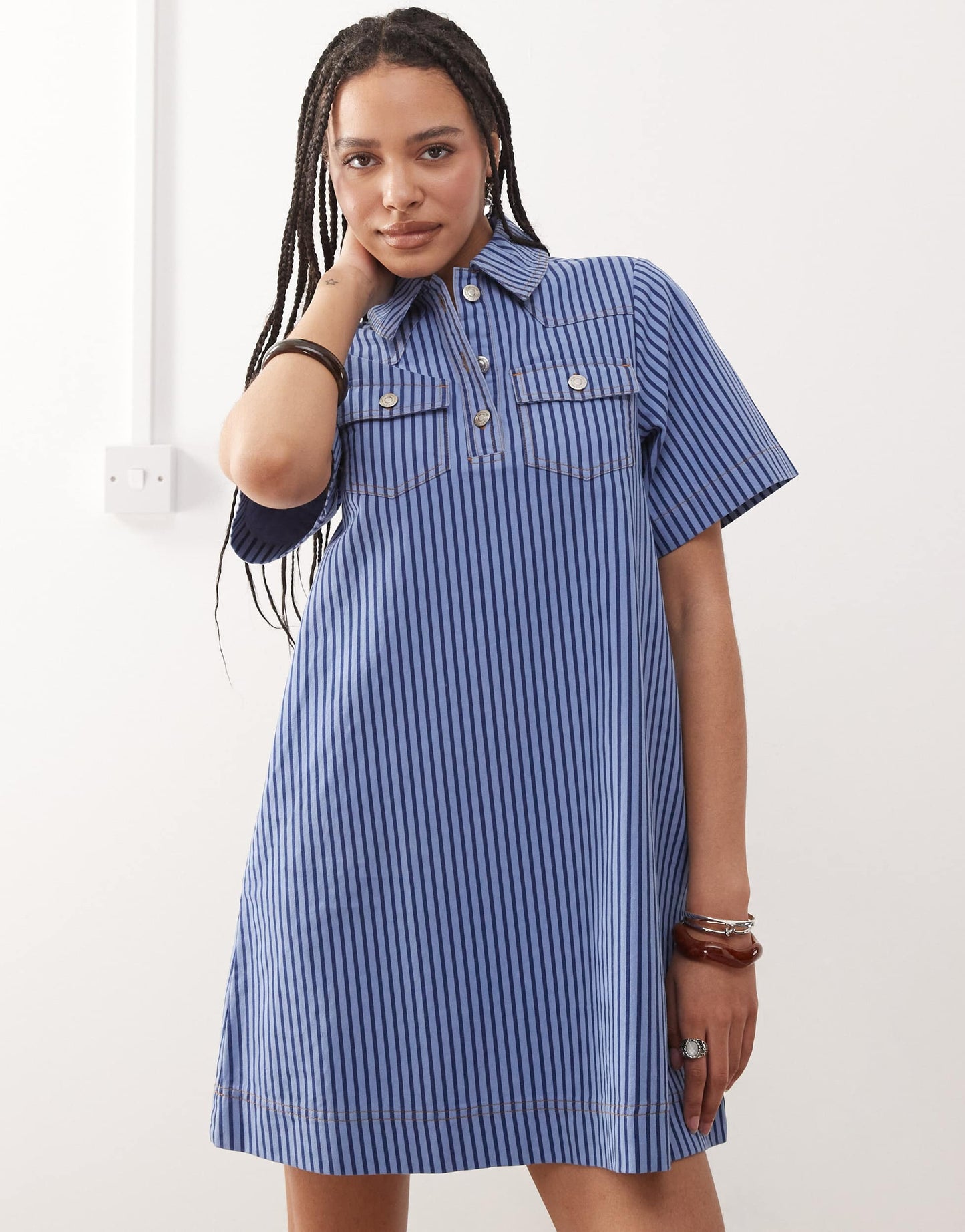 Reclaimed Vintage denim shirt mini dress in blue tonal pinstripe