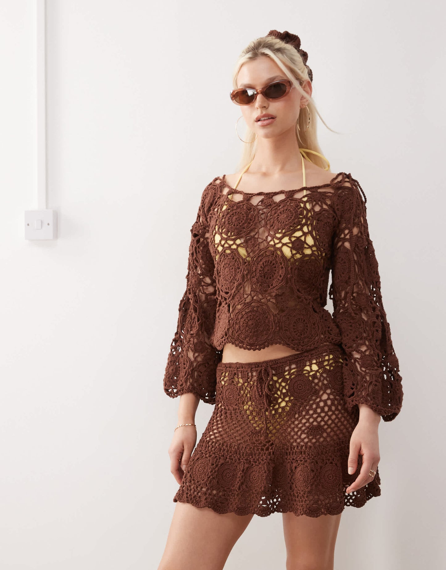 Reclaimed Vintage Limited Edition hand crochet mini skirt in chocolate brown co-ord