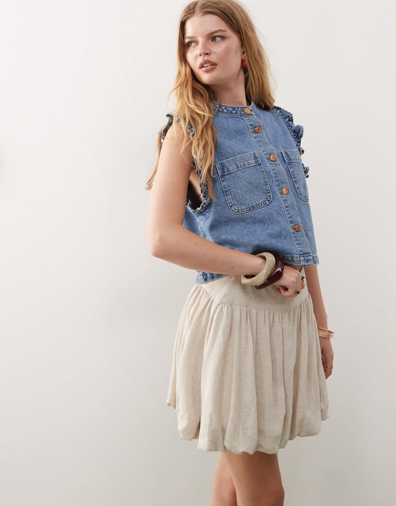 Reclaimed Vintage puffball mini skirt with dropped waist in linen look fabric