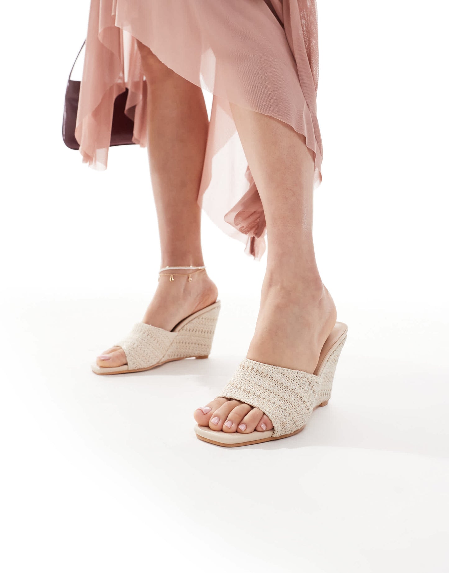 Glamorous Wide Fit wedge heeled sandals in cream crochet