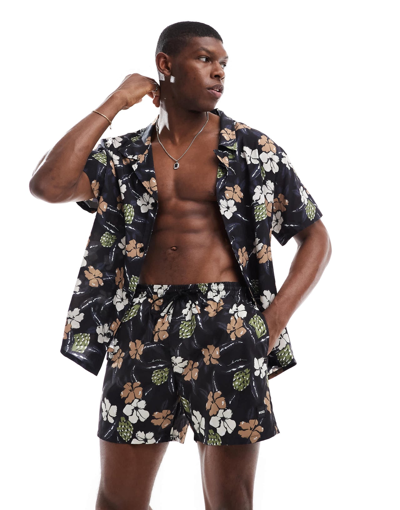 Boss co-ord floral print swim short in black