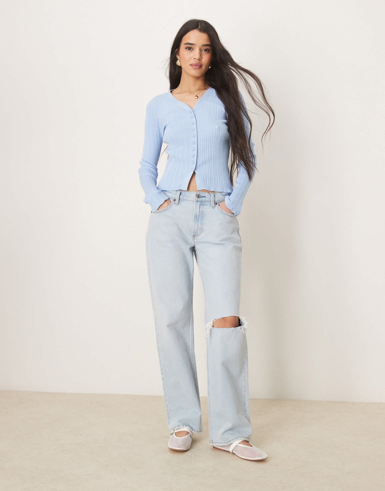 ASOS DESIGN button front v neck cardigan with frill in rib in light blue