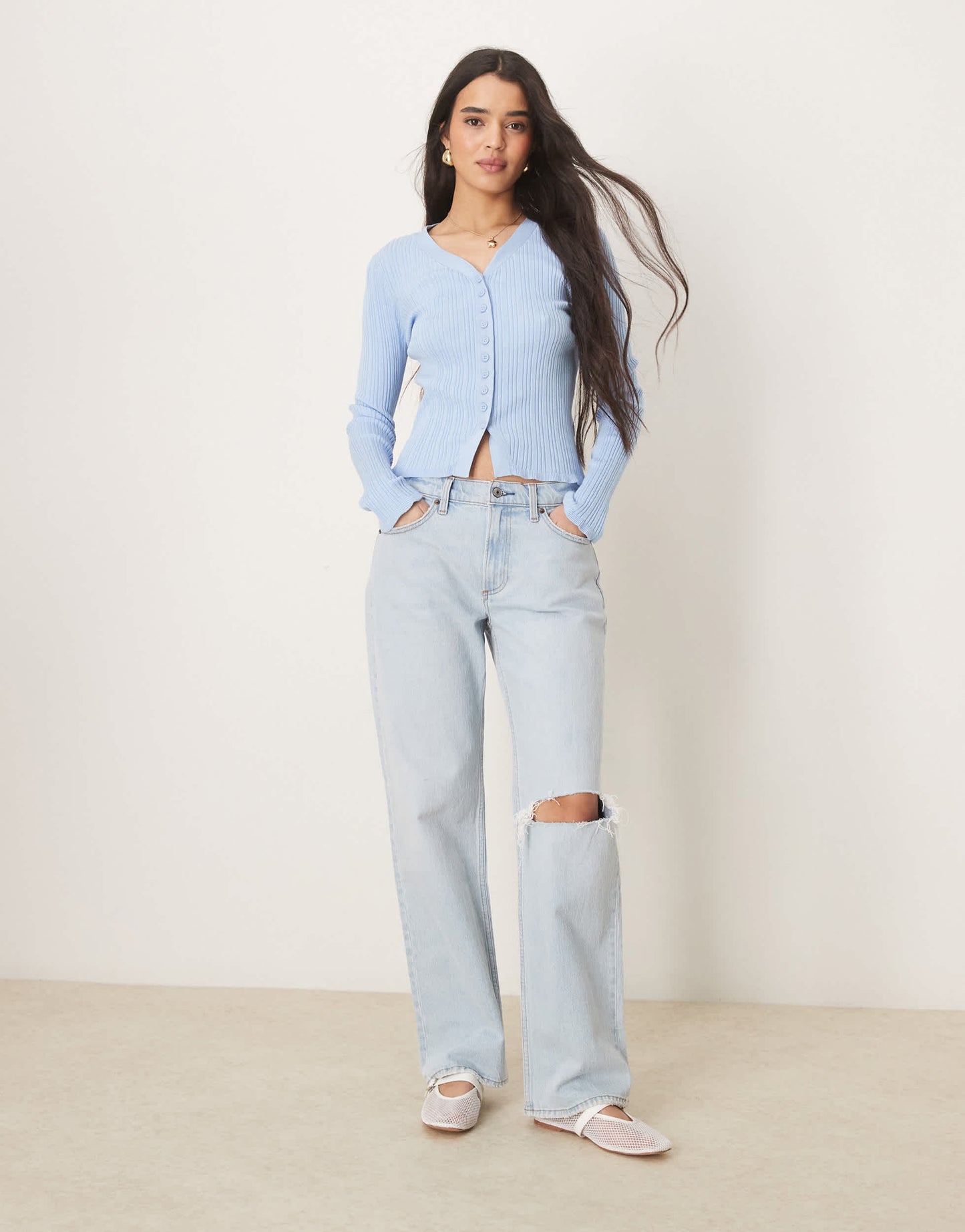 ASOS DESIGN button front v neck cardigan with frill in rib in light blue