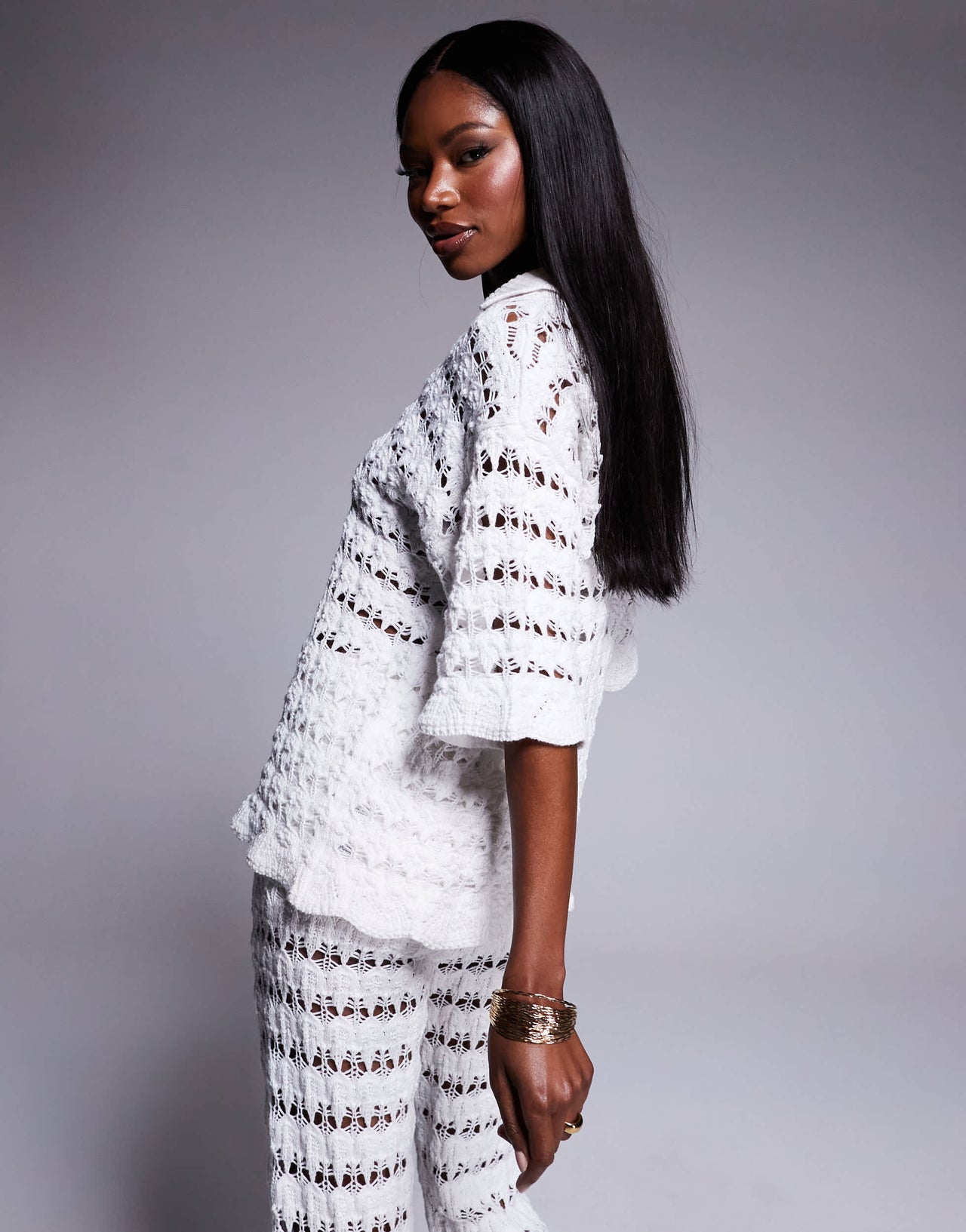 ASOS DESIGN knitted collared pretty stitch shirt co-ord in white