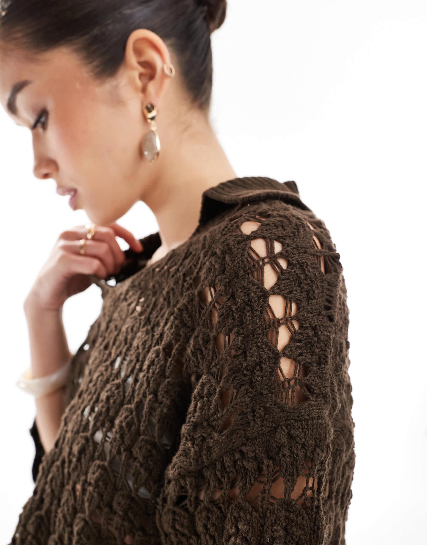 ASOS DESIGN knitted collared pretty stitch shirt in chocolate