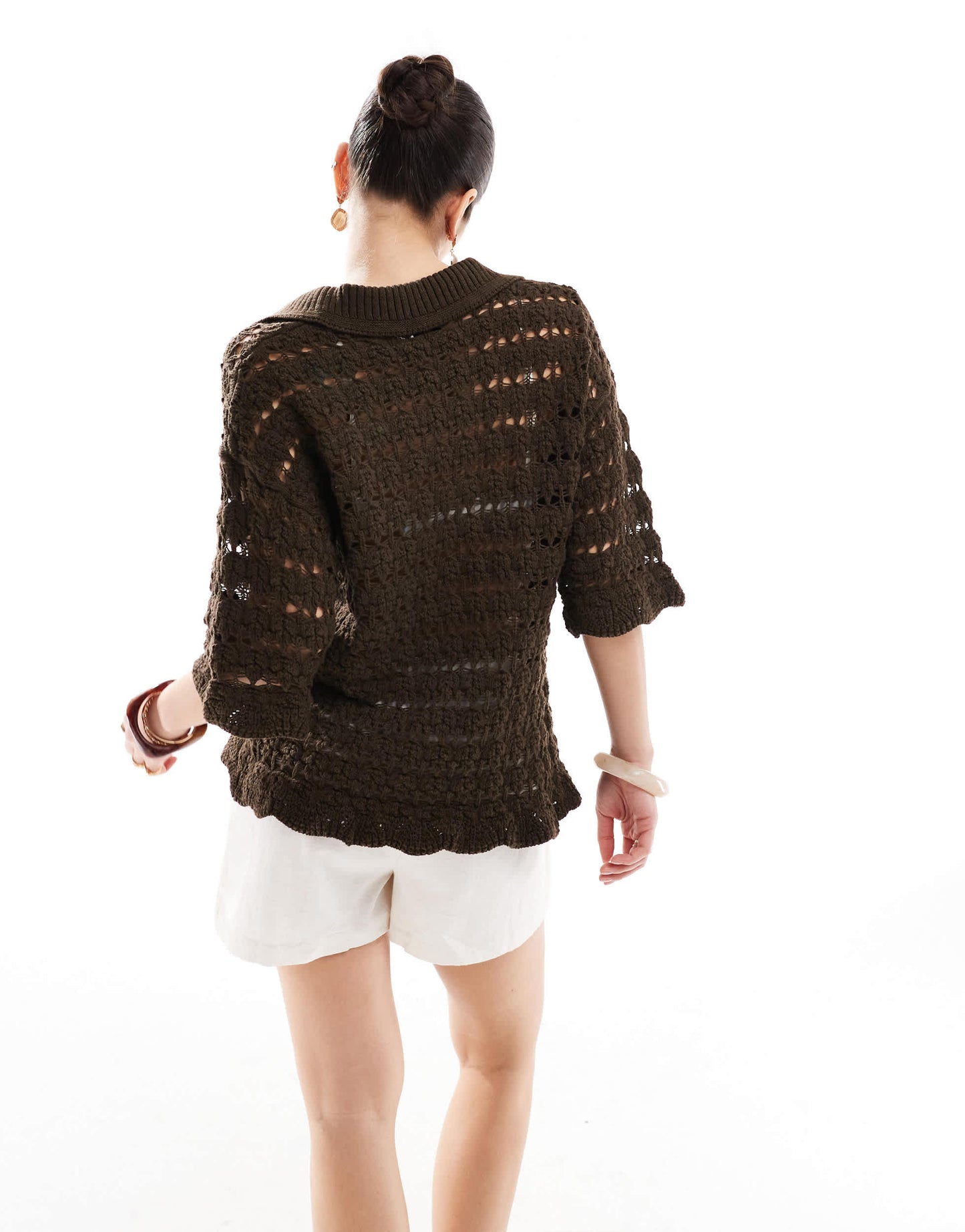 ASOS DESIGN knitted collared pretty stitch shirt in chocolate