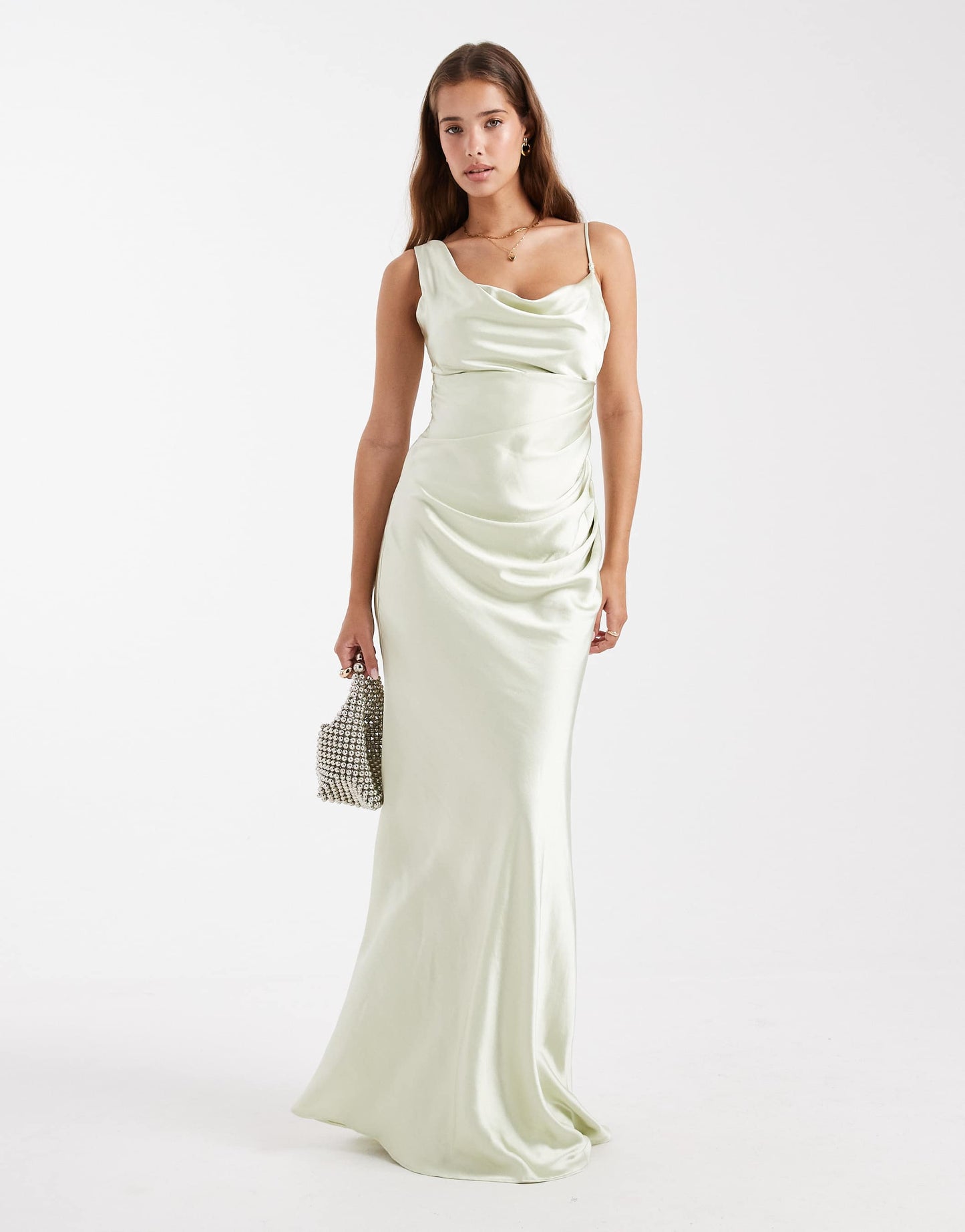 Six Stories Bridesmaid asymmetric cowl satin maxi dress in mint green