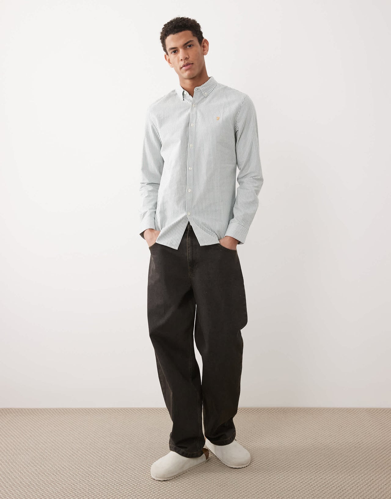 Farah Brewer stripe long sleeve shirt in green and white