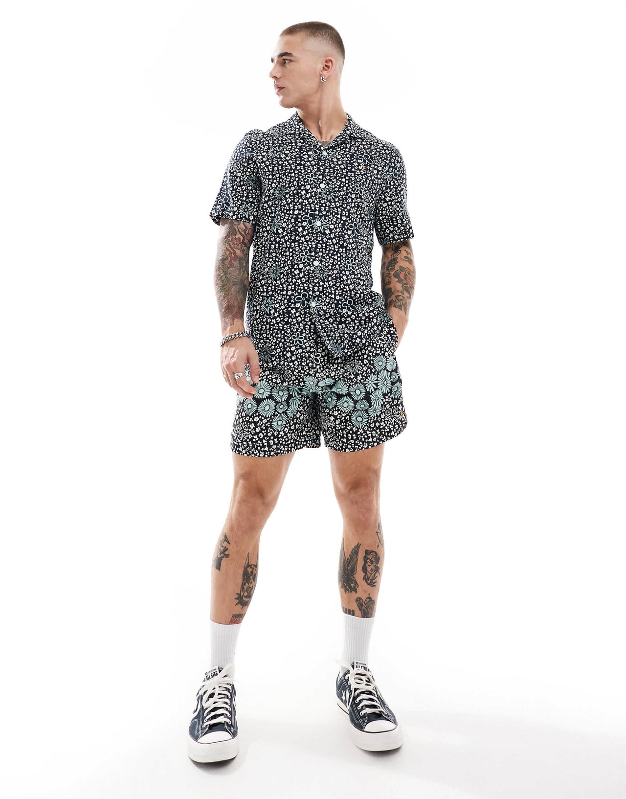 Farah landon co-ord short sleeve revere collared shirt in navy floral print