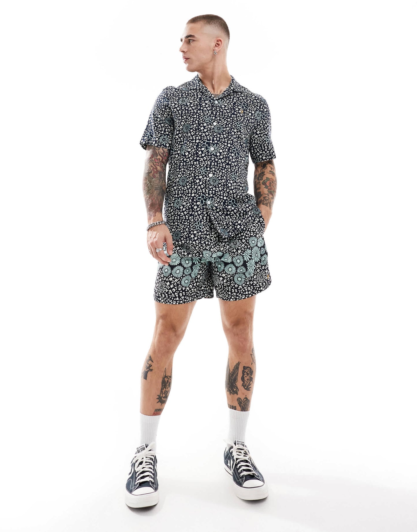 Farah landon co-ord short sleeve revere collared shirt in navy floral print