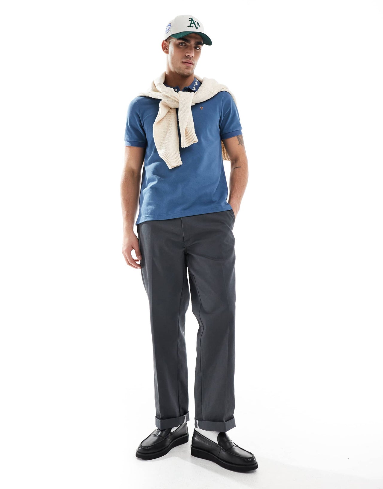 Farah reeves short sleeve polo in blue with jacquard collar