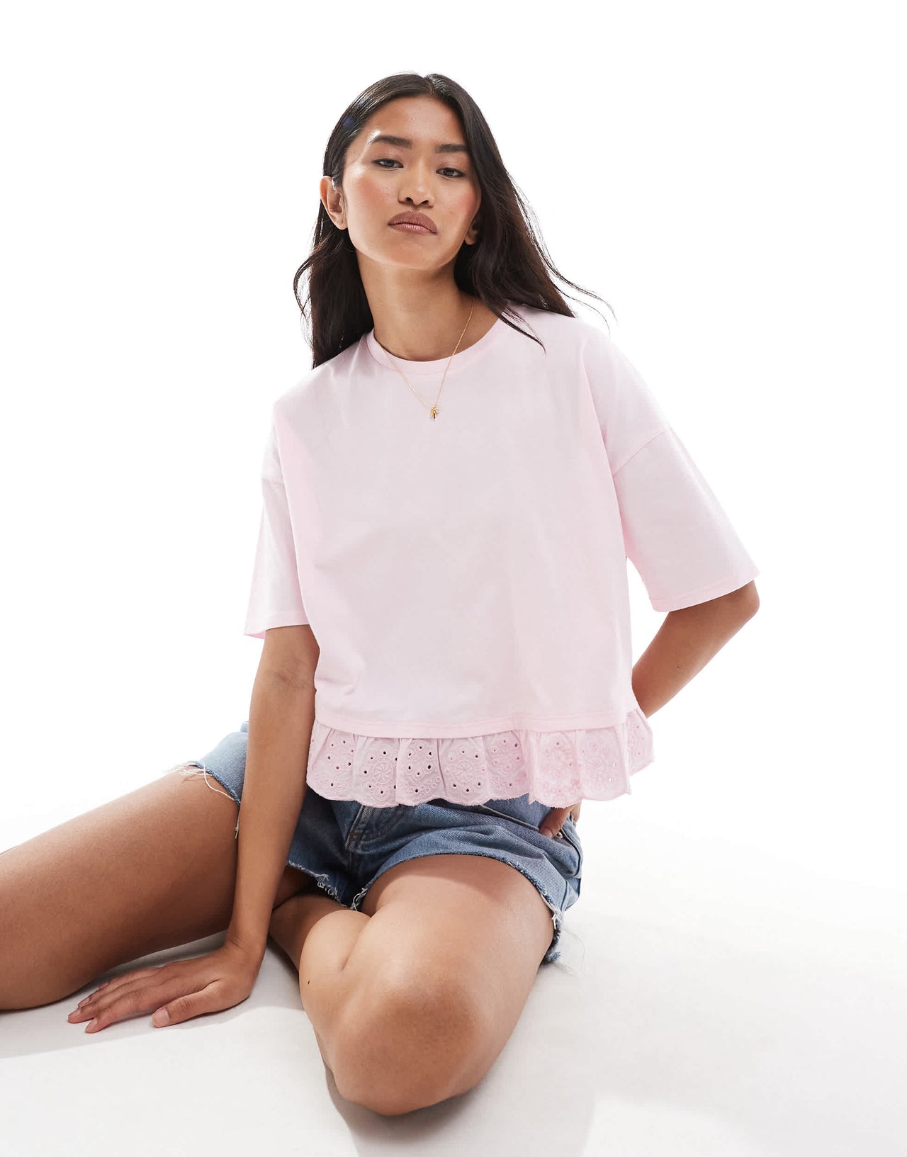 Miss Selfridge broderie hem short sleeve t-shirt in pale pink