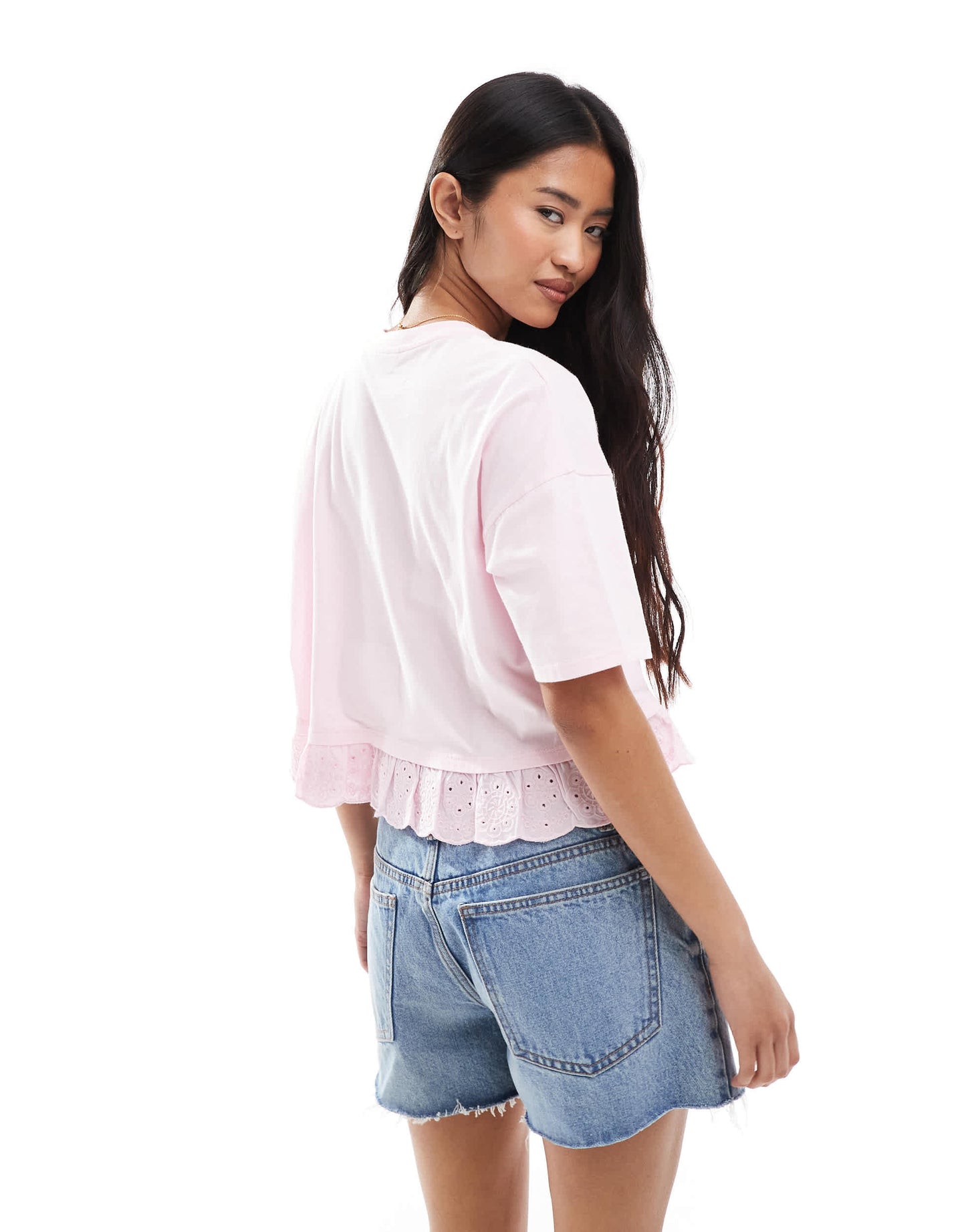 Miss Selfridge broderie hem short sleeve t-shirt in pale pink