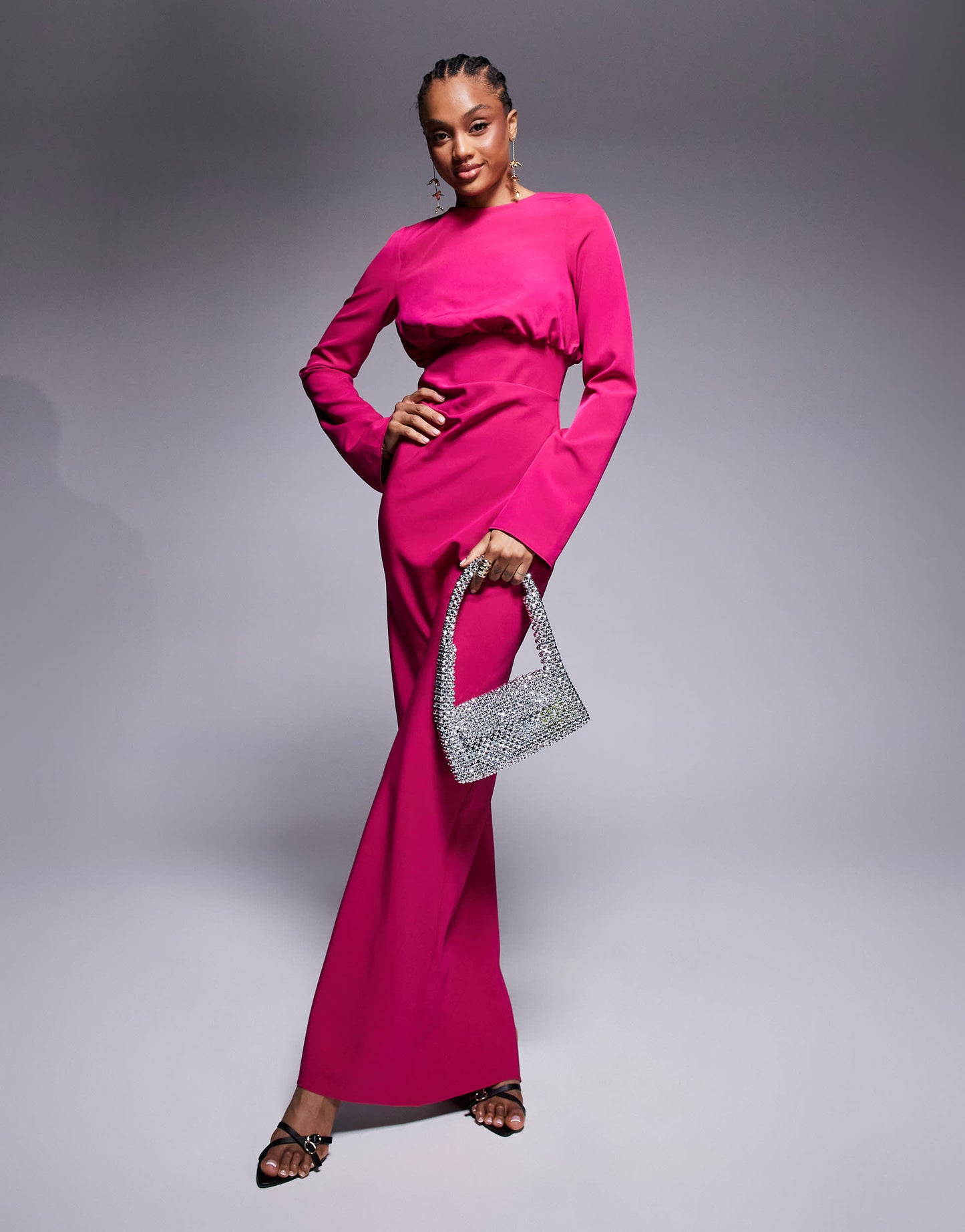 ASOS DESIGN Tall structured long sleeve maxi dress with ruched bust in pink