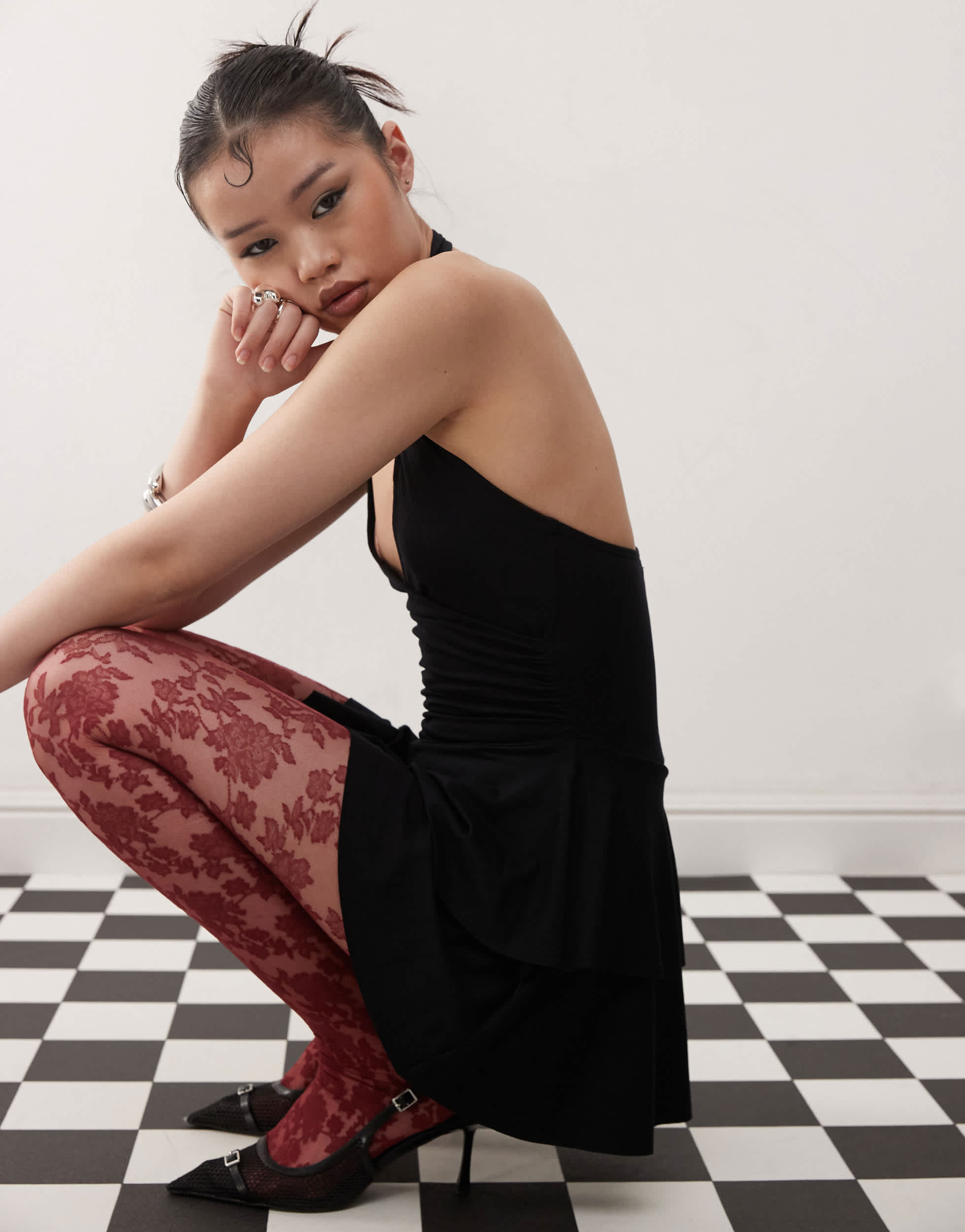 Motel semary wrap detail halter mini dress in black