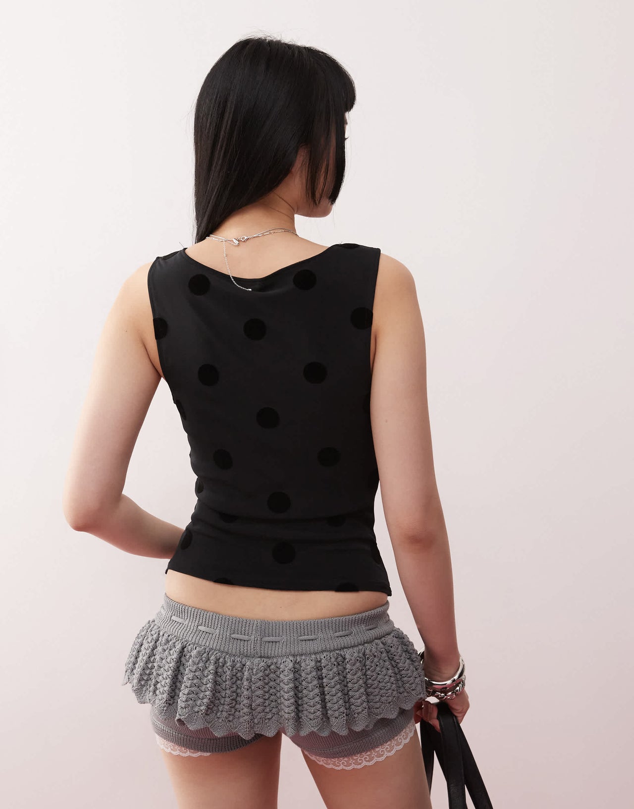 Motel losa cowl flock polka dot vest top in black