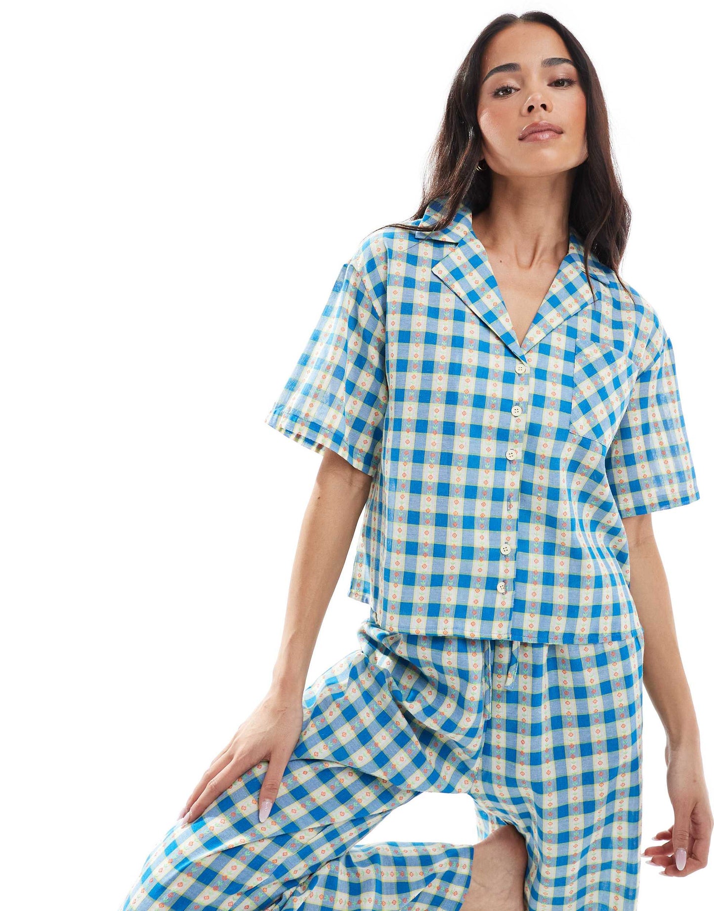 Daisy Street floral check pyjama shirt