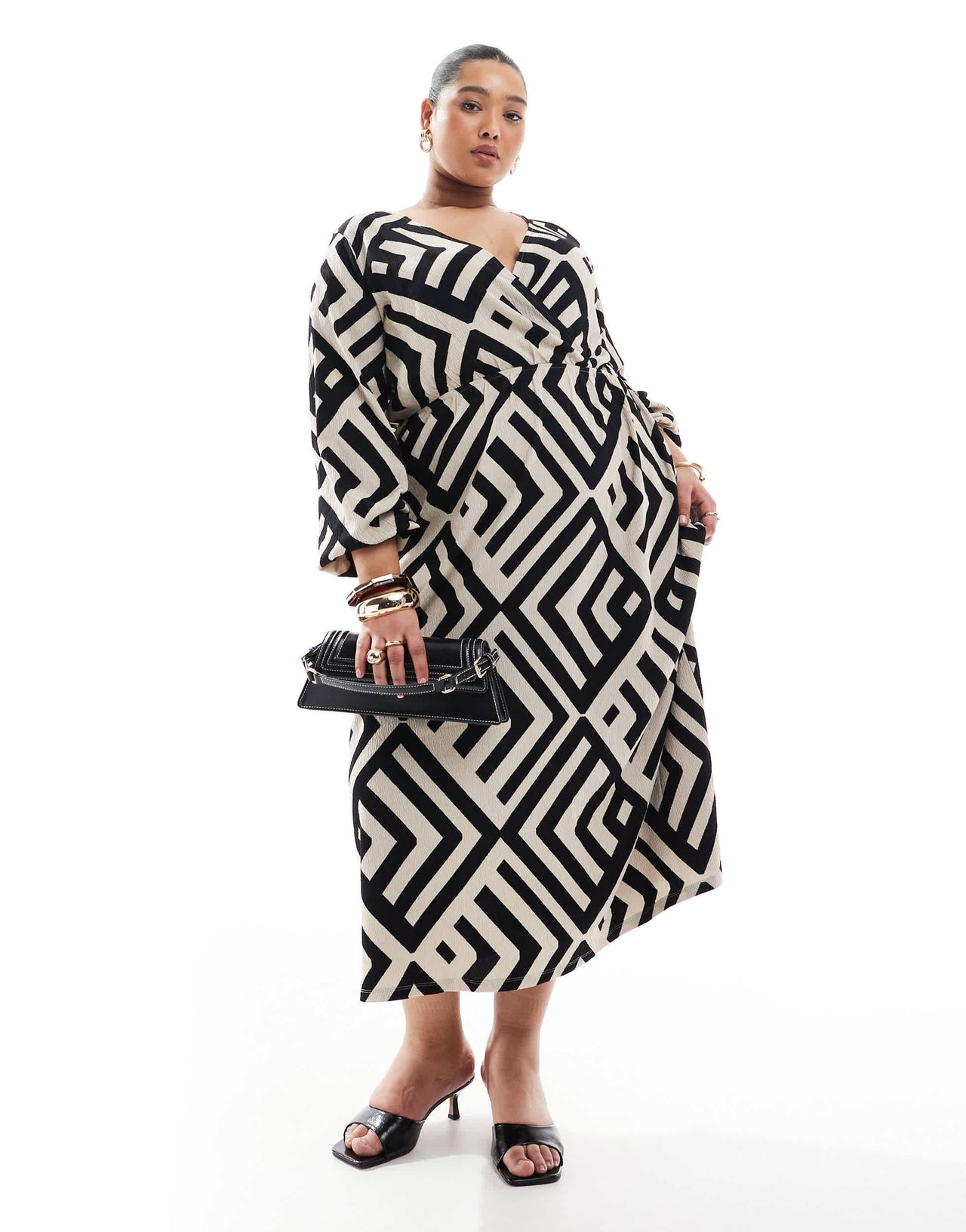 Vero Moda Curve wrap ankle dress in abstract mono print