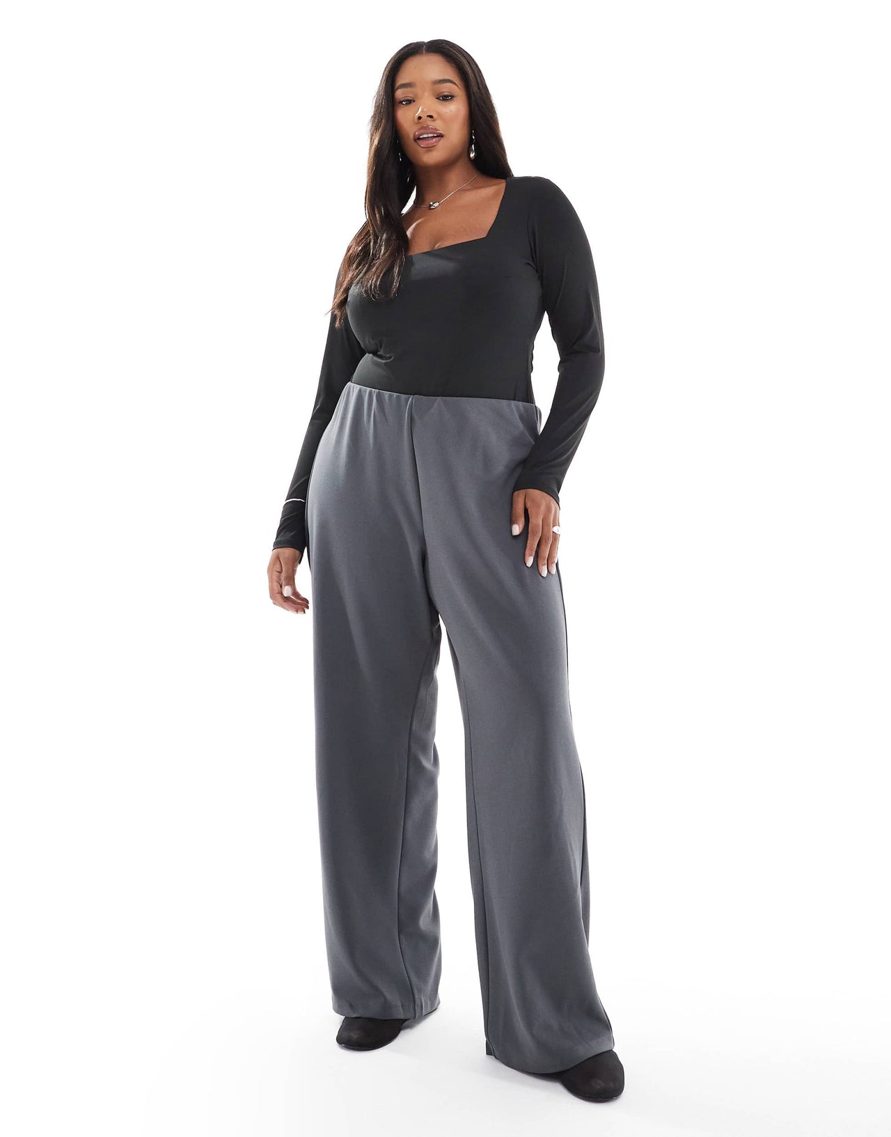 Vero Moda Curve loose pull on trousers in grey pinstripe
