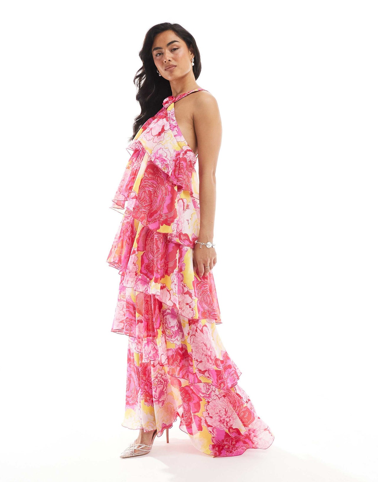 Vero Moda Felicia halter neck tiered maxi dress with corsage detail in fuchsia flower print