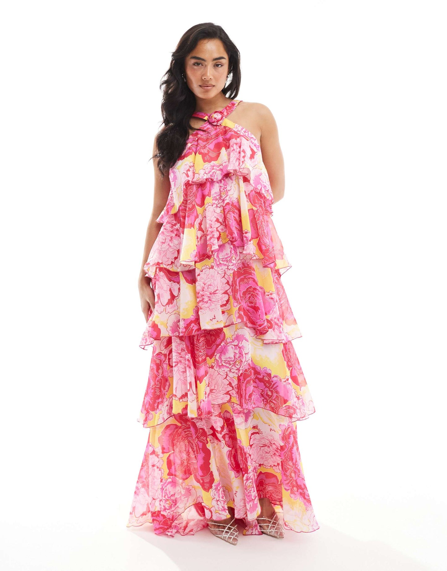 Vero Moda Felicia halter neck tiered maxi dress with corsage detail in fuchsia flower print