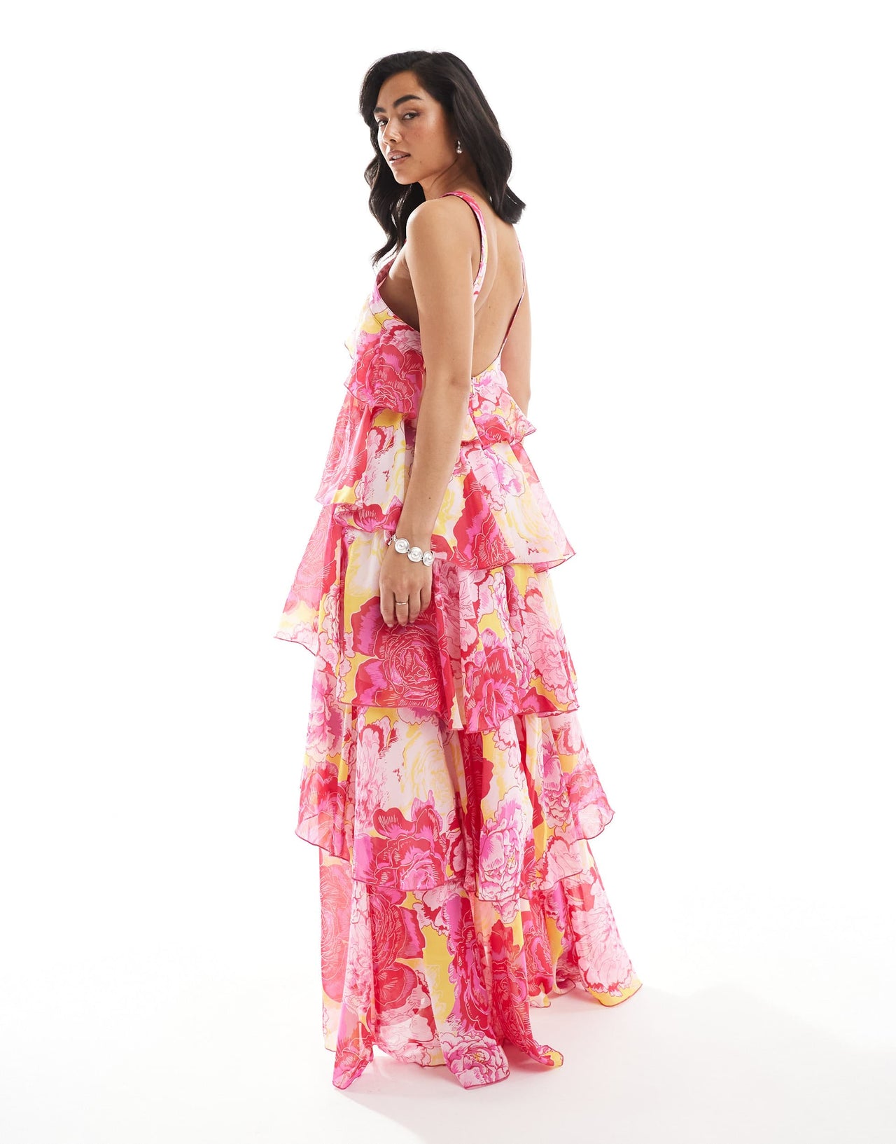 Vero Moda Felicia halter neck tiered maxi dress with corsage detail in fuchsia flower print