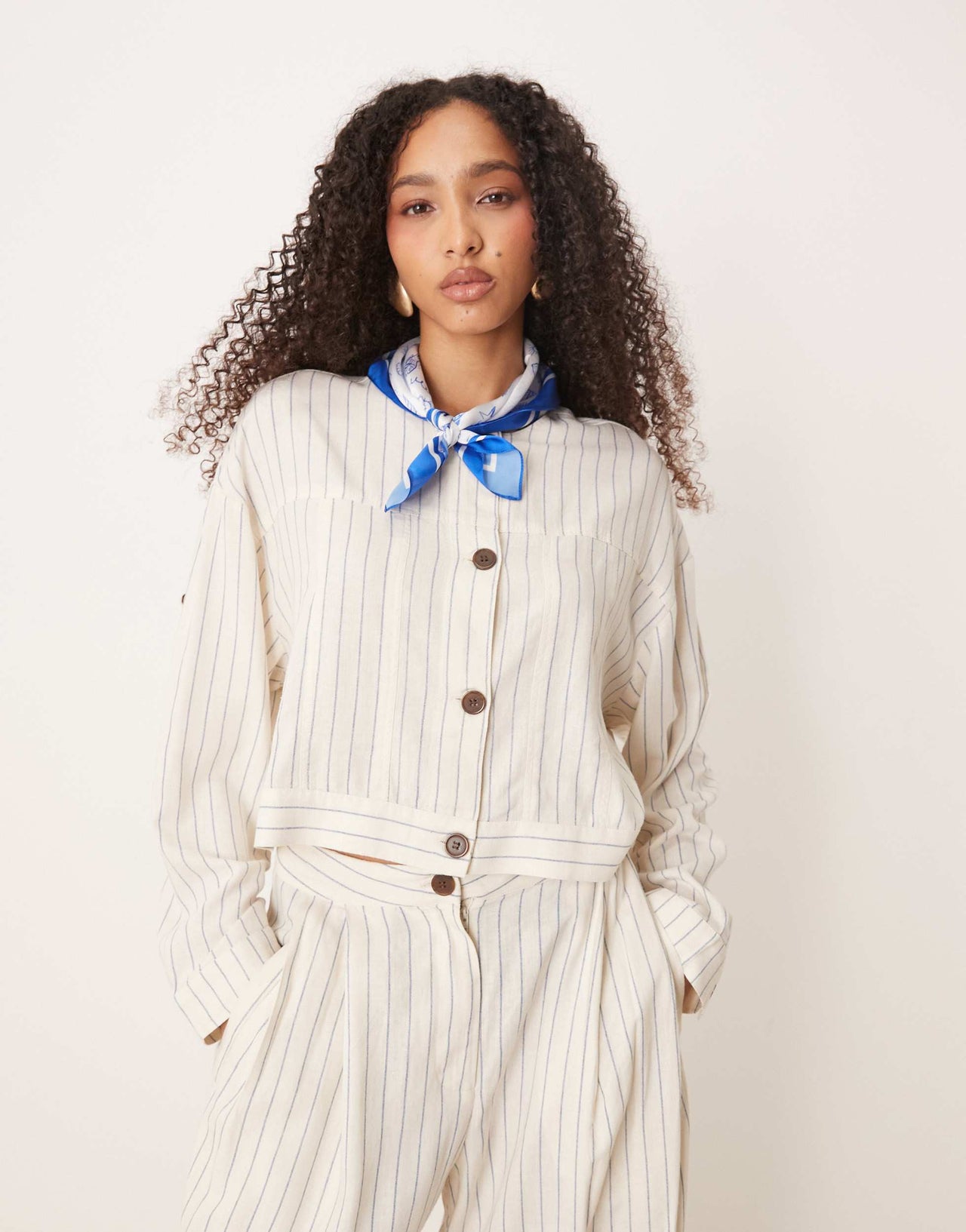 AWARE linen touch buttondown top co-ord in white pinstripe