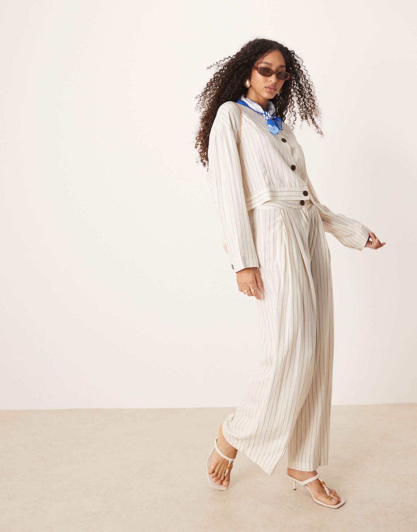 AWARE linen touch buttondown top co-ord in white pinstripe