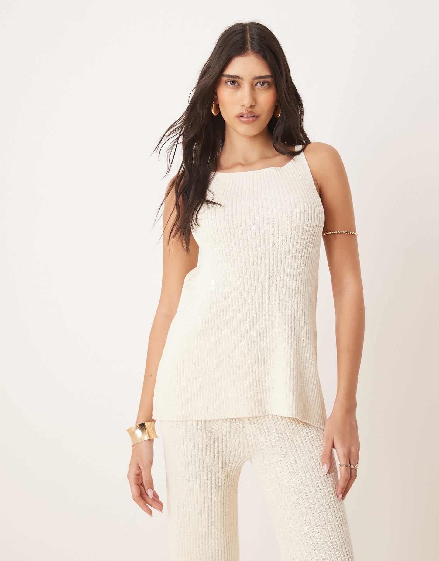 ASOS DESIGN knitted longline top co-ord in slub yarn in cream