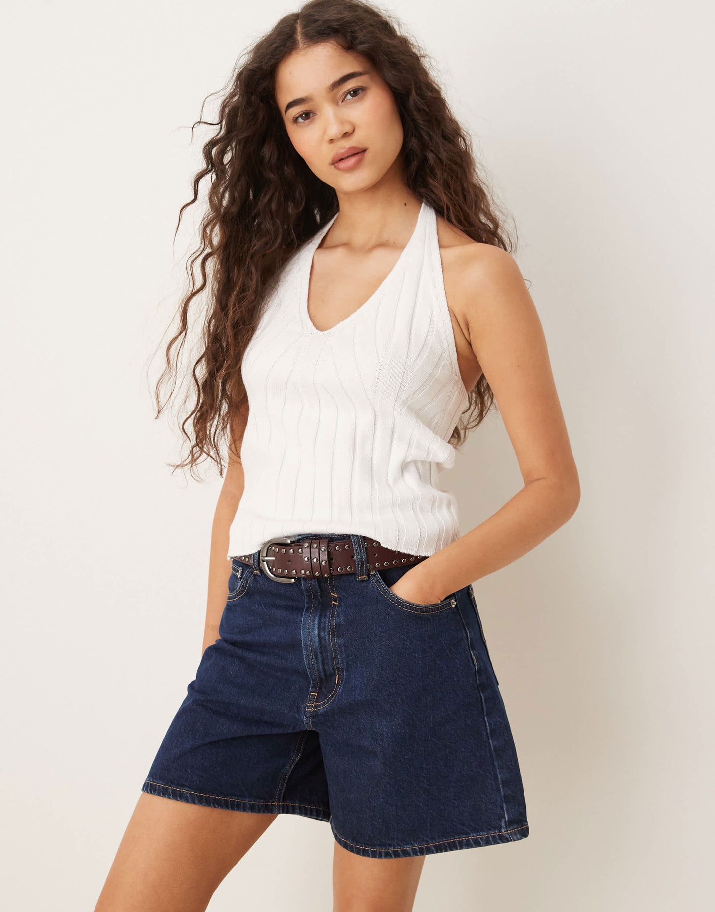 ASOS DESIGN knitted wide rib halter top in white