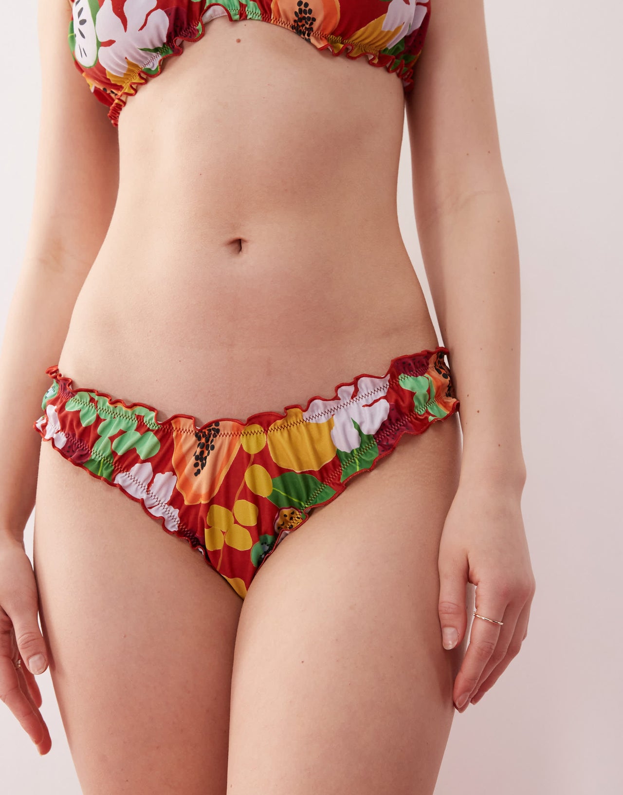 Reclaimed Vintage scrunchie bikini bottom with shirring in fruity holiday print