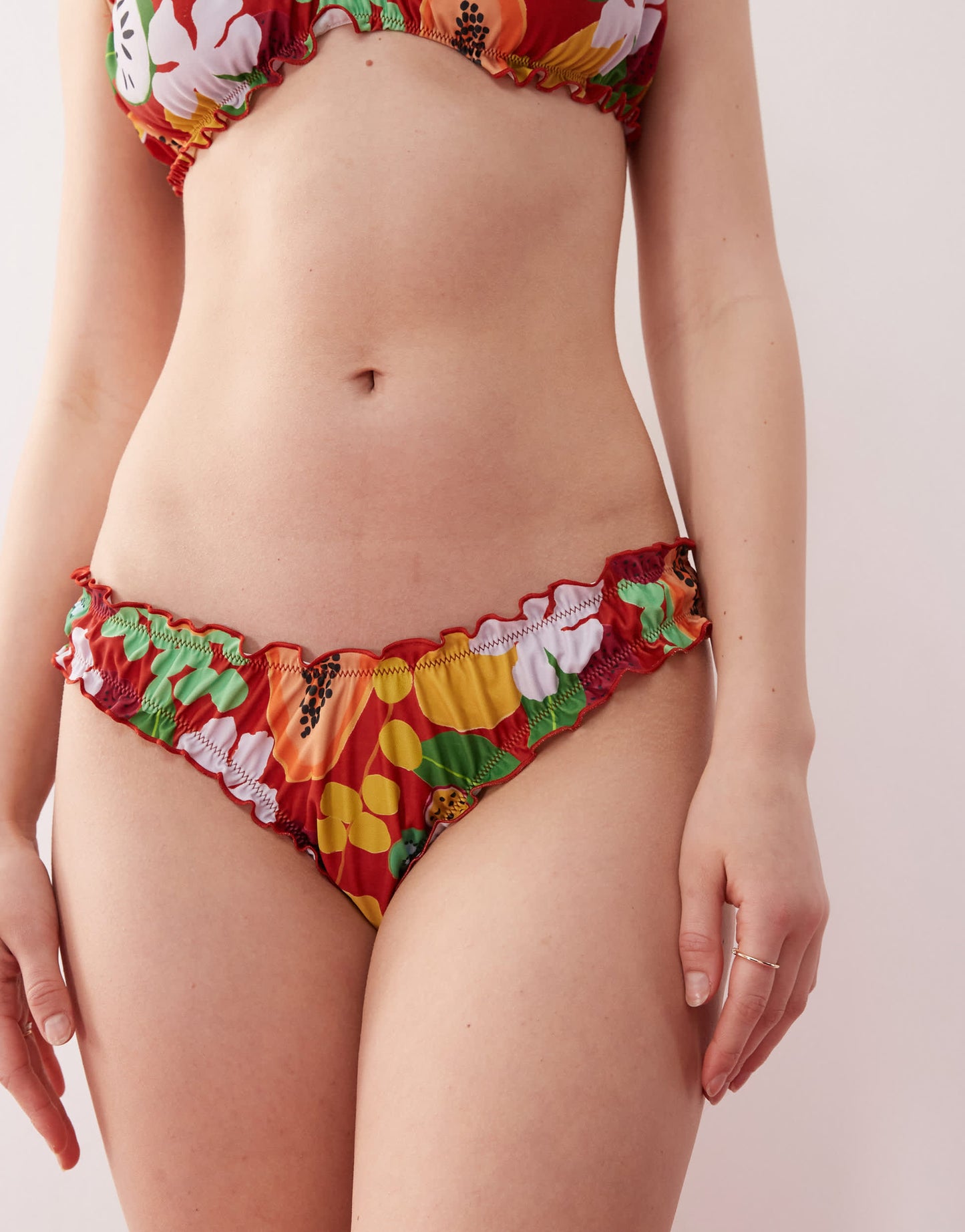 Reclaimed Vintage scrunchie bikini bottom with shirring in fruity holiday print