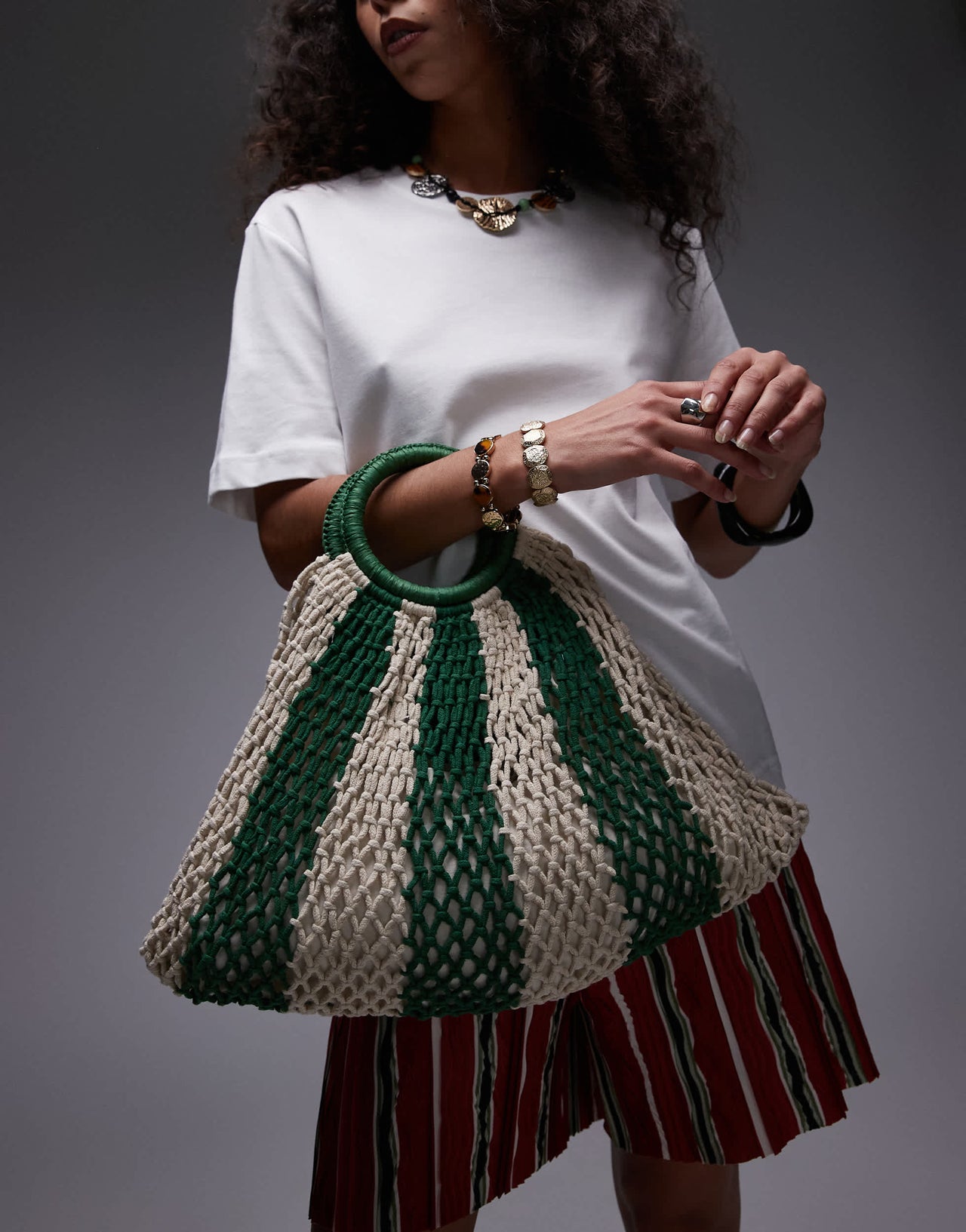 Topshop Gemma stripe crochet grab bag in green stripe
