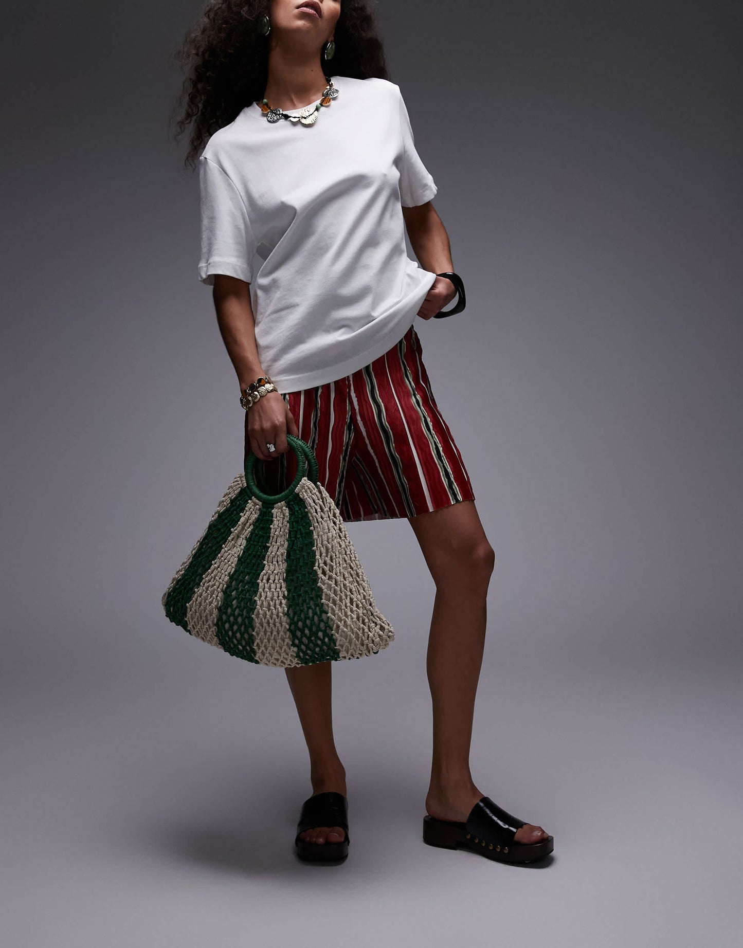 Topshop Gemma stripe crochet grab bag in green stripe