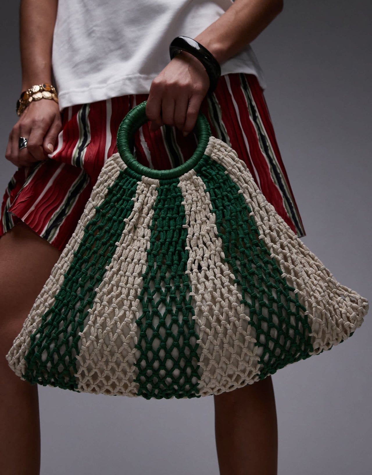 Topshop Gemma stripe crochet grab bag in green stripe