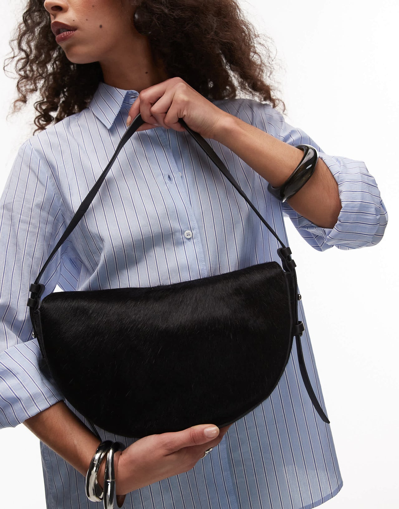 Topshop Sunday hair on real leather shoulder bag in black