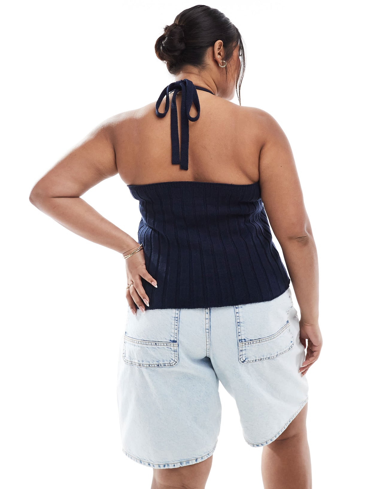 ASOS DESIGN Curve knitted wide rib halter top in navy