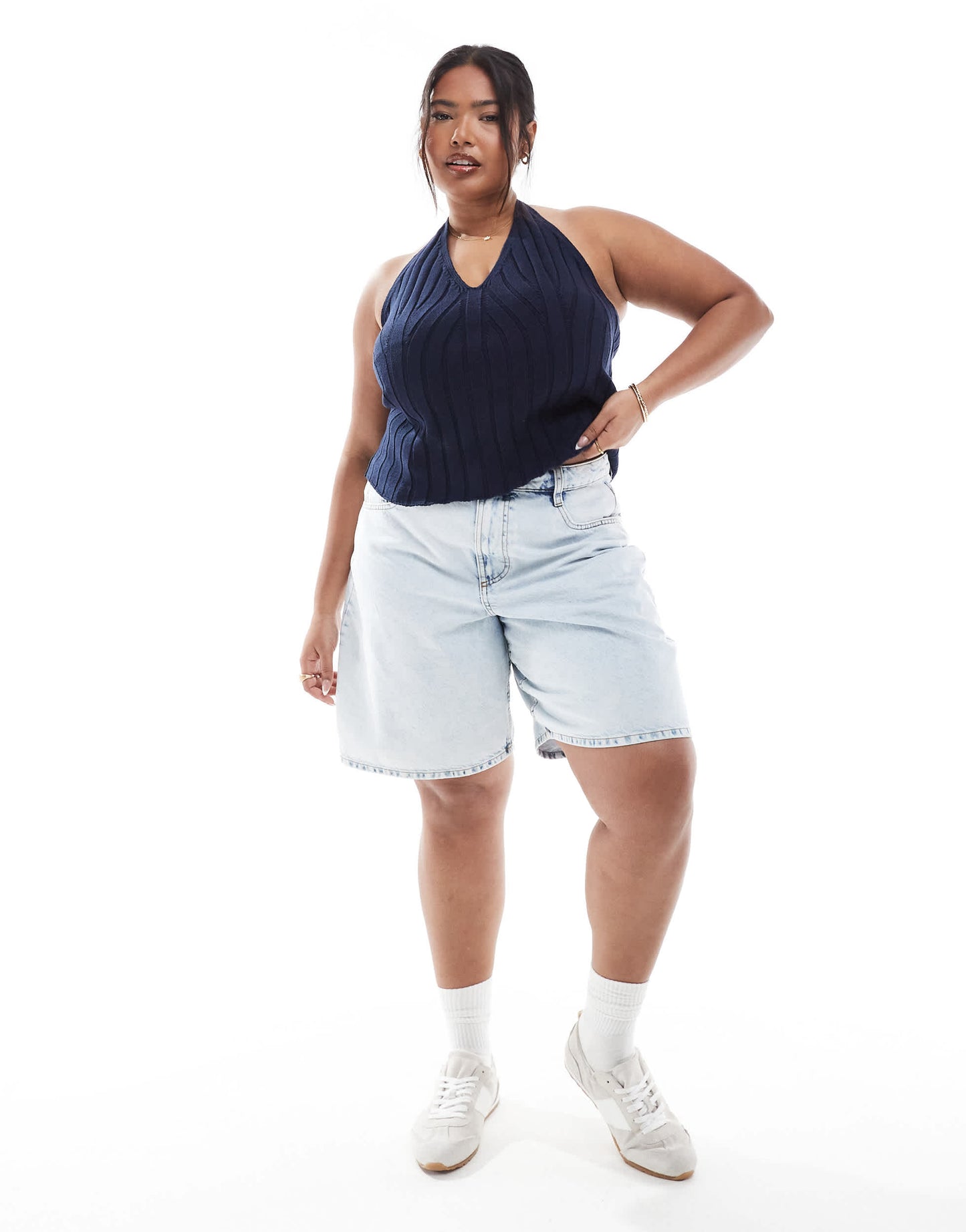 ASOS DESIGN Curve knitted wide rib halter top in navy