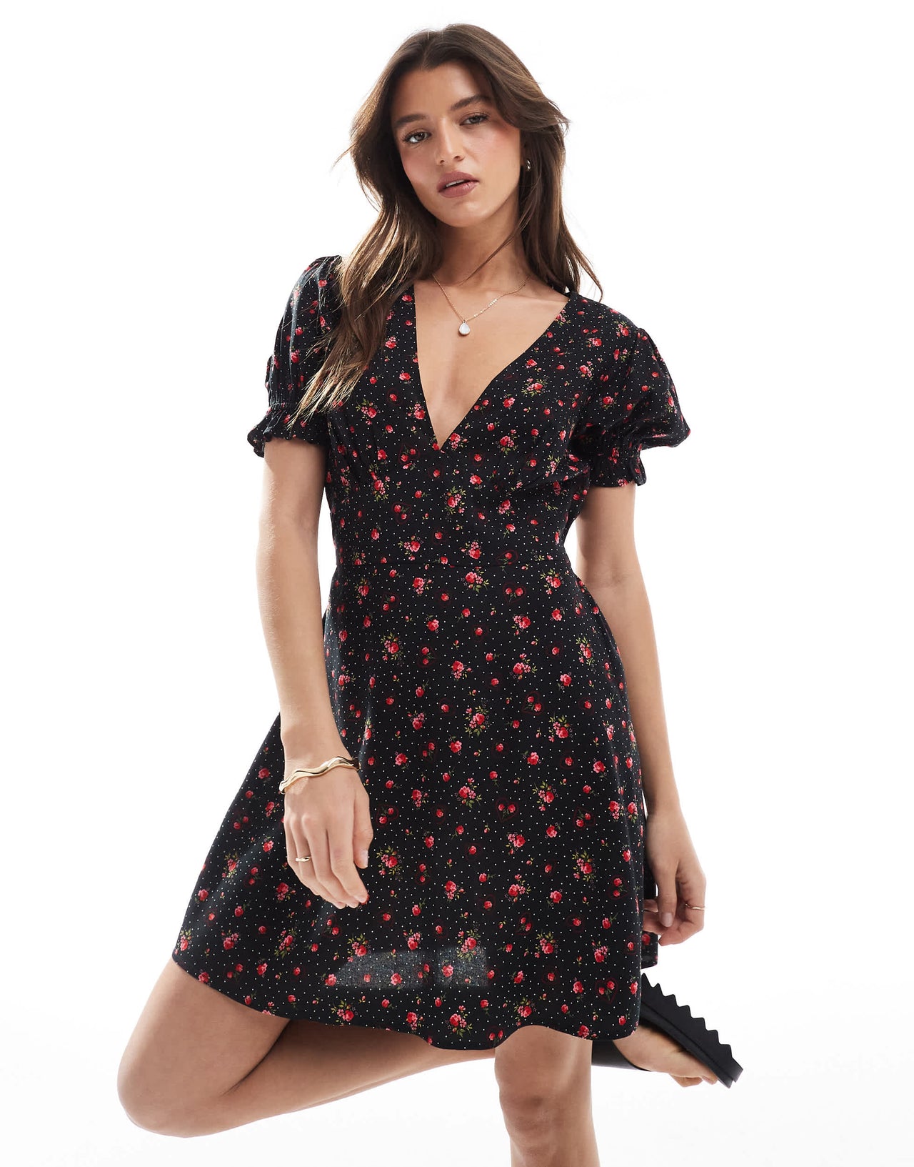 Miss Selfridge printed spun v neck mini tea dress in black heart print
