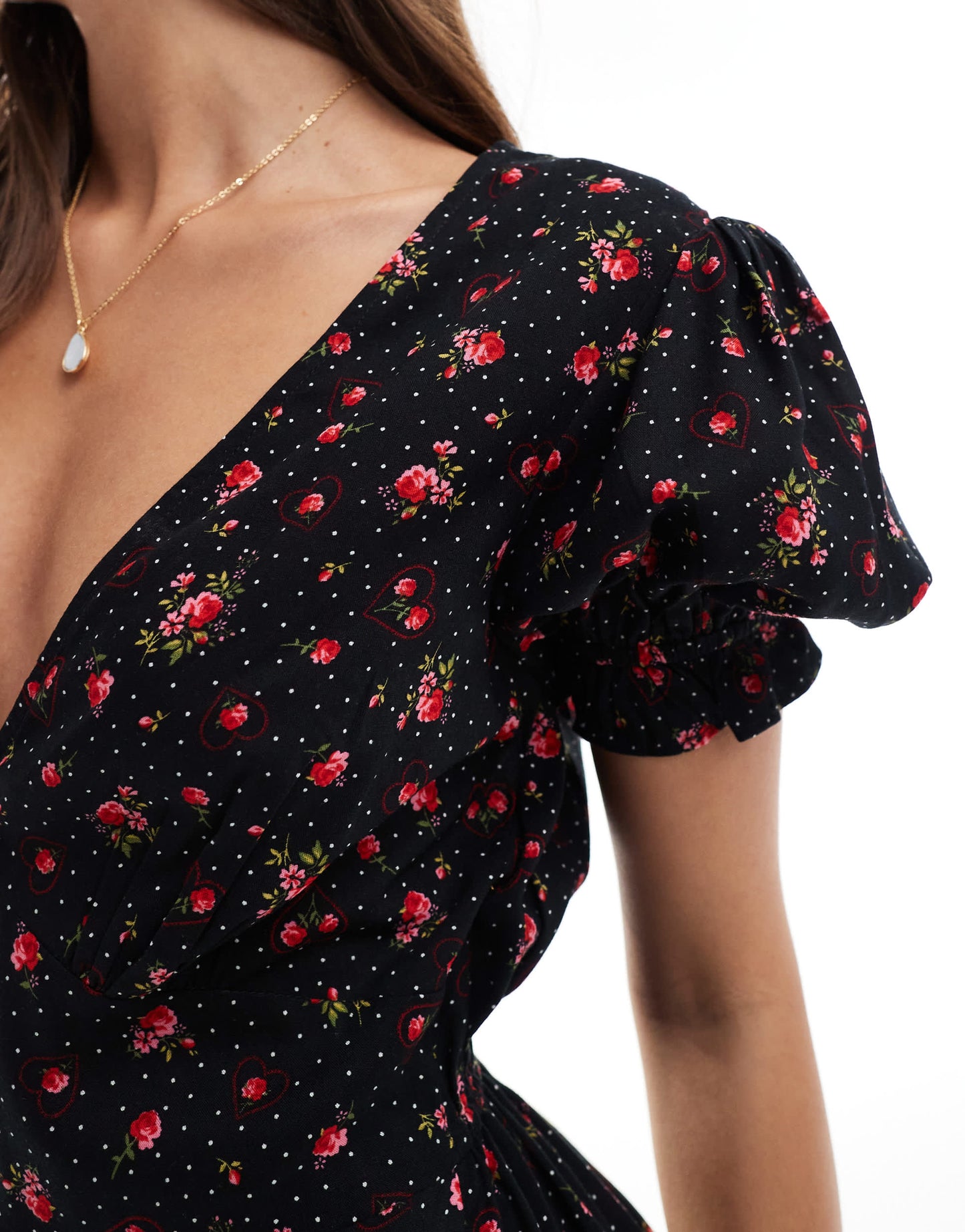 Miss Selfridge printed spun v neck mini tea dress in black heart print