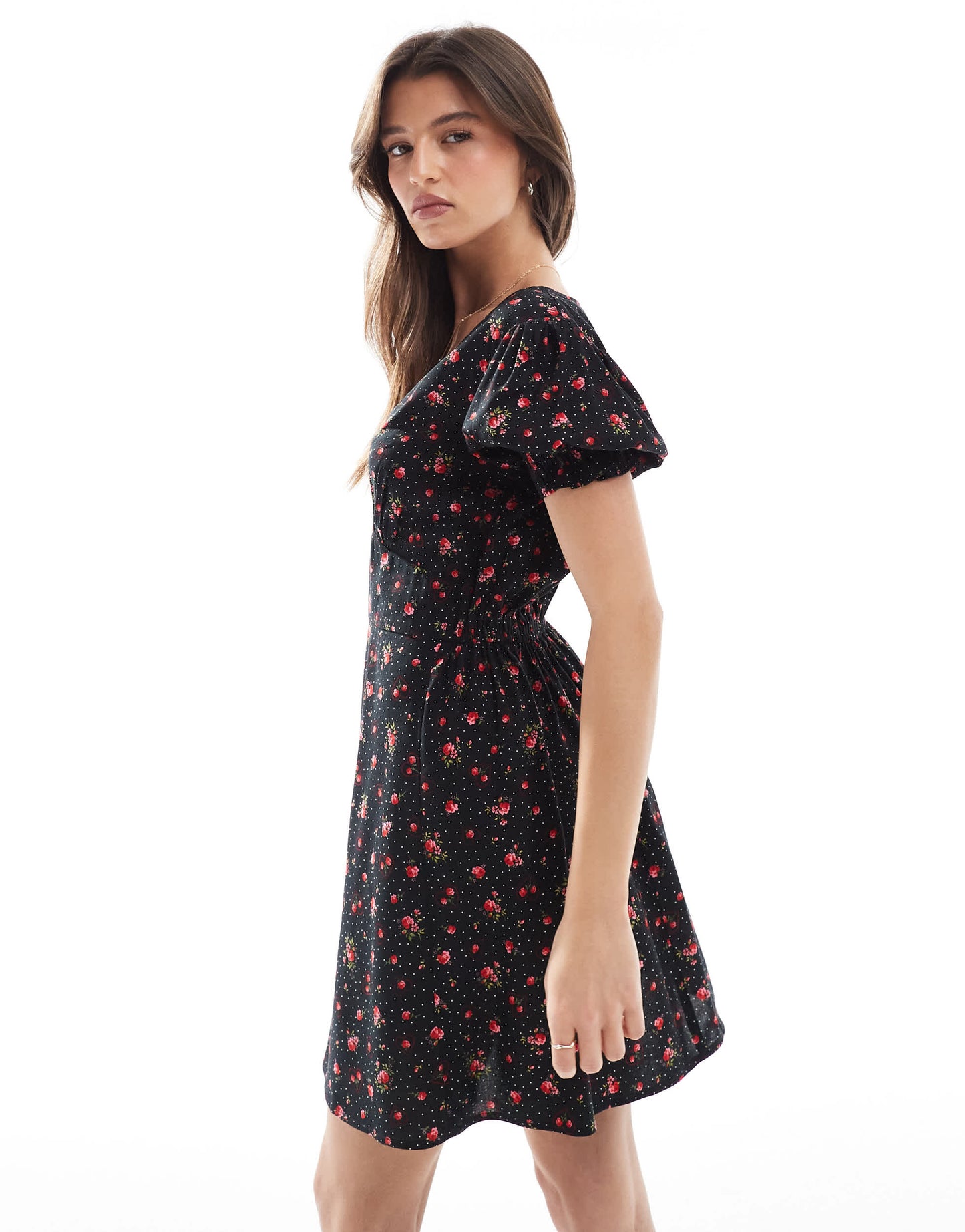 Miss Selfridge printed spun v neck mini tea dress in black heart print