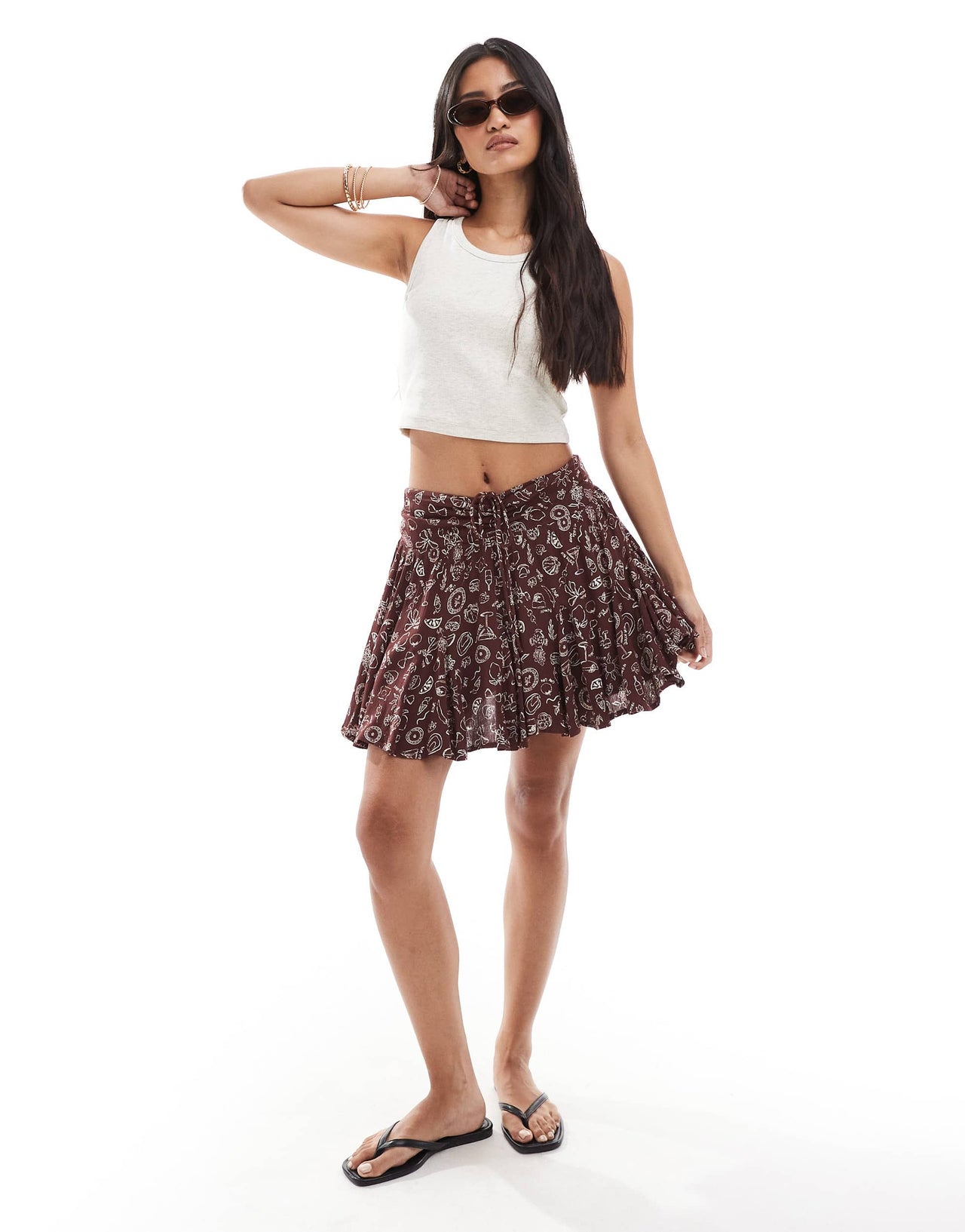 Miss Selfridge cheesecloth flippy short in brown holiday print