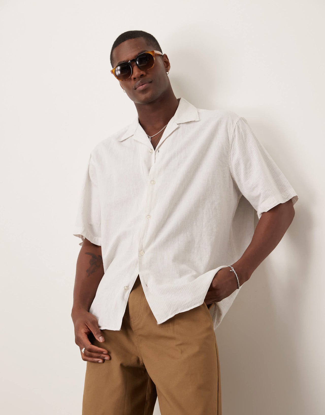 Selected revere collar linen blend shirt in white stripes