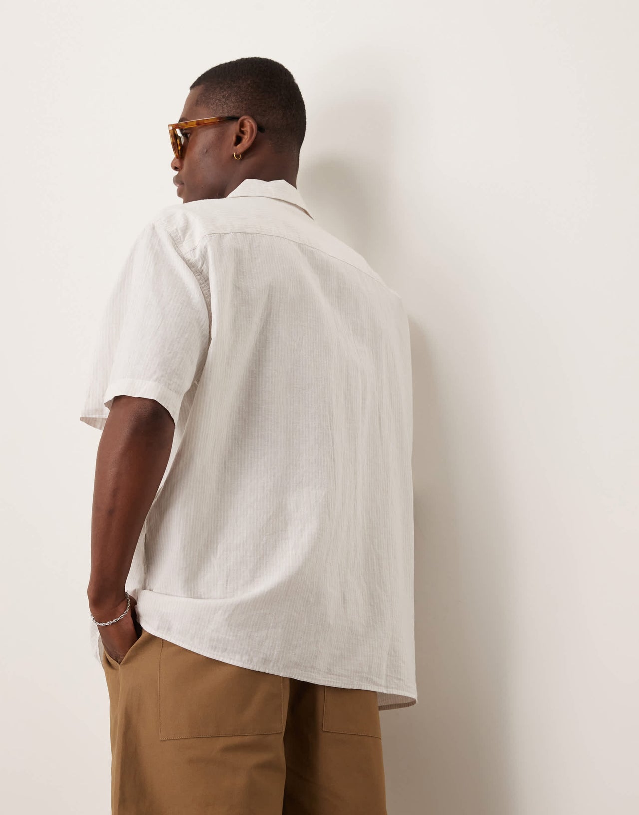 Selected revere collar linen blend shirt in white stripes
