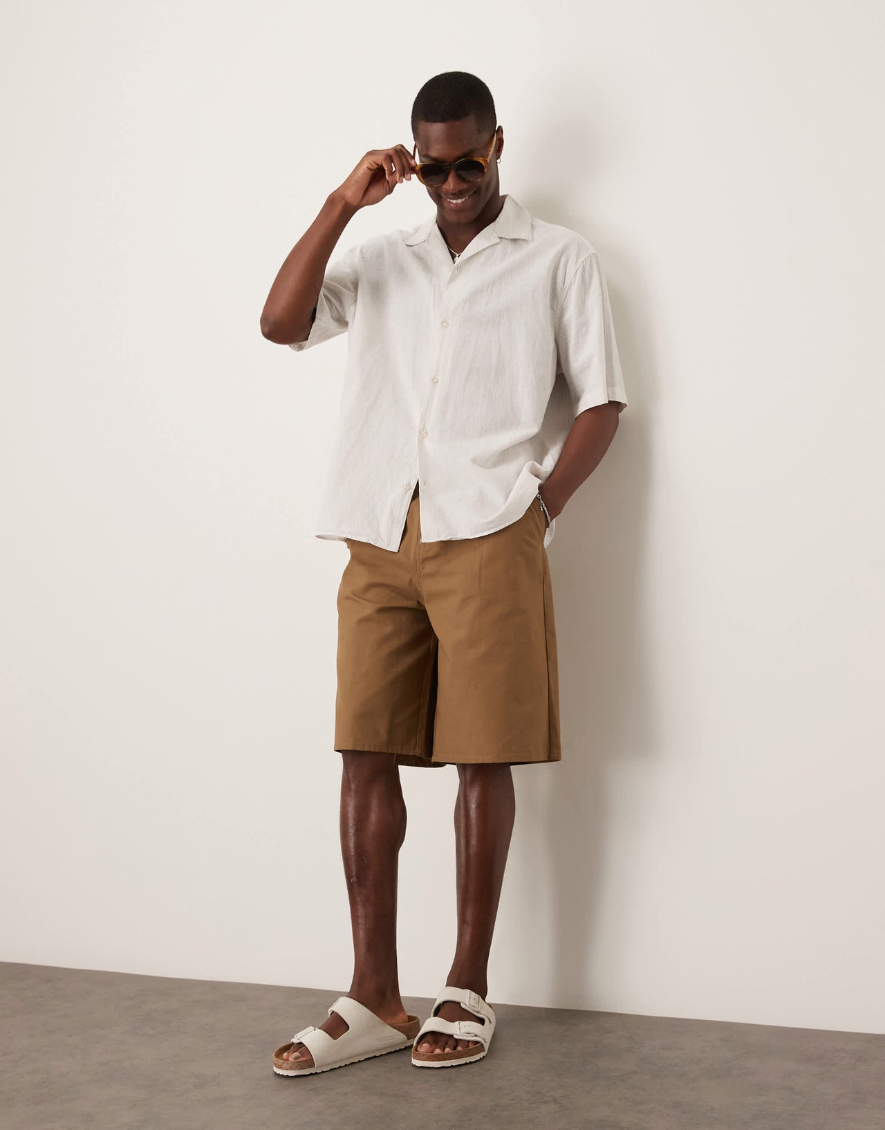 Selected revere collar linen blend shirt in white stripes