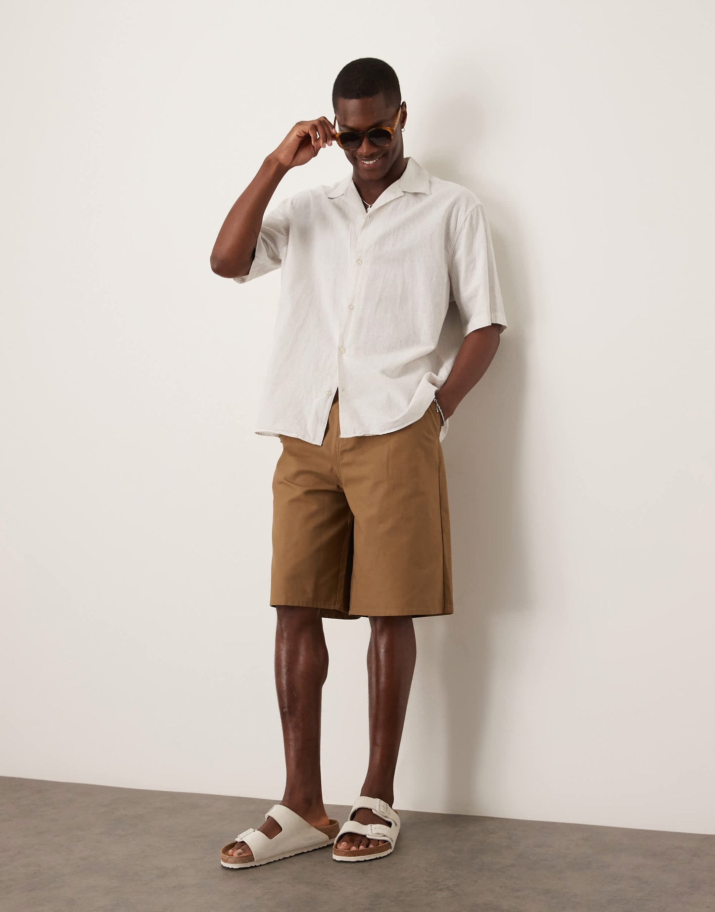 Selected revere collar linen blend shirt in white stripes