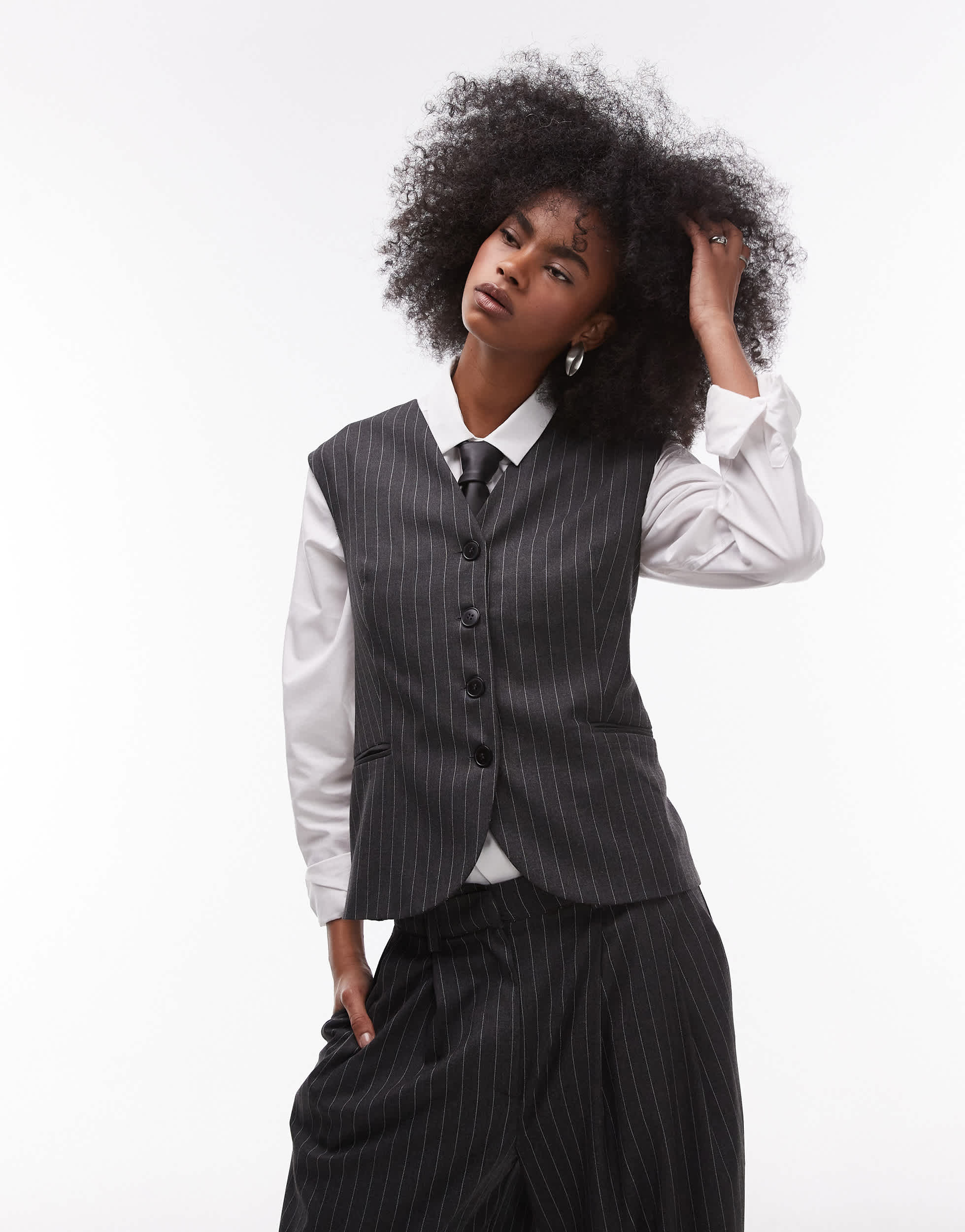 ASOS DESIGN tailored built up neck waistcoat in charcoal pinstripe
