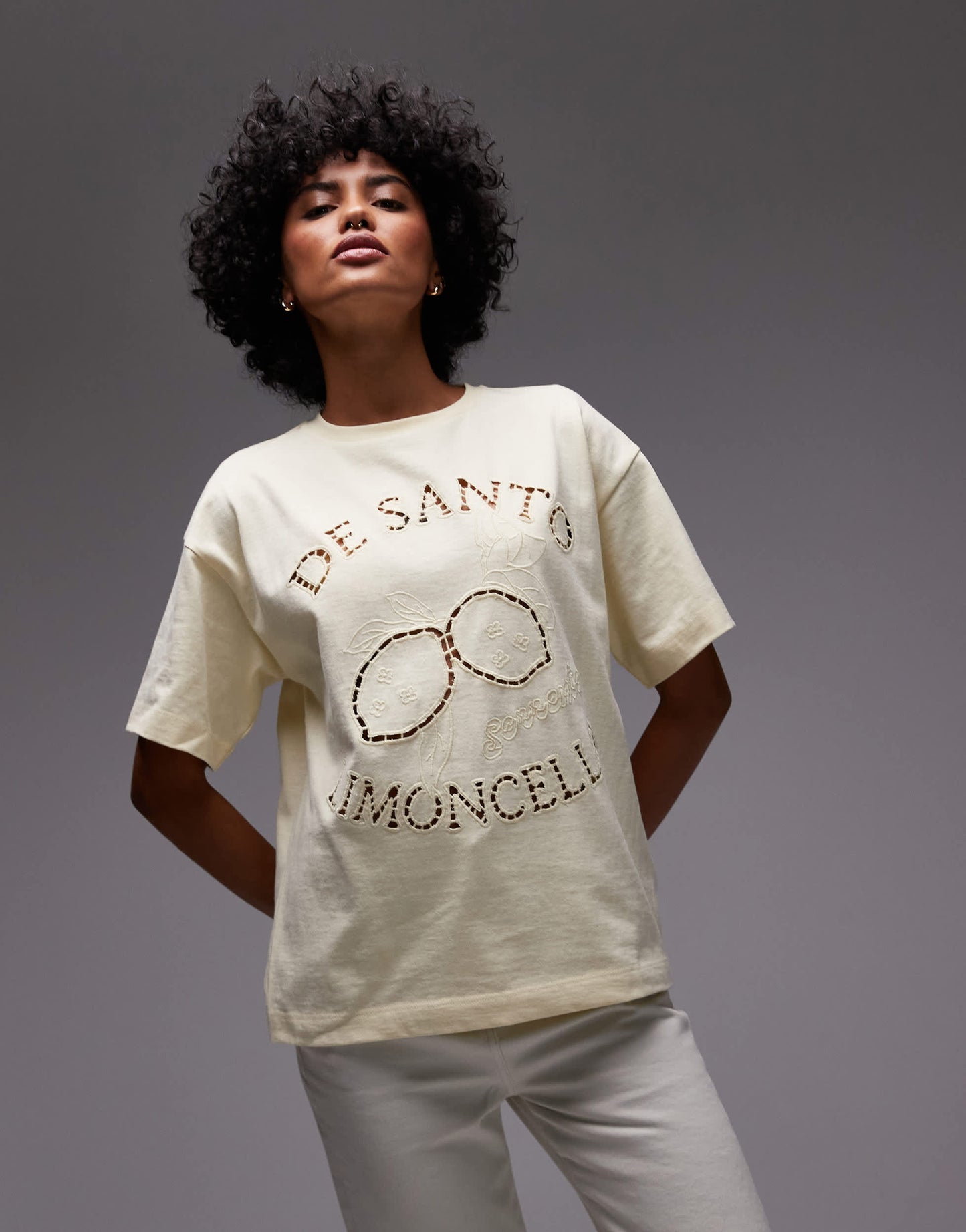 Topshop cutwork limoncello oversized tee in buttermilk