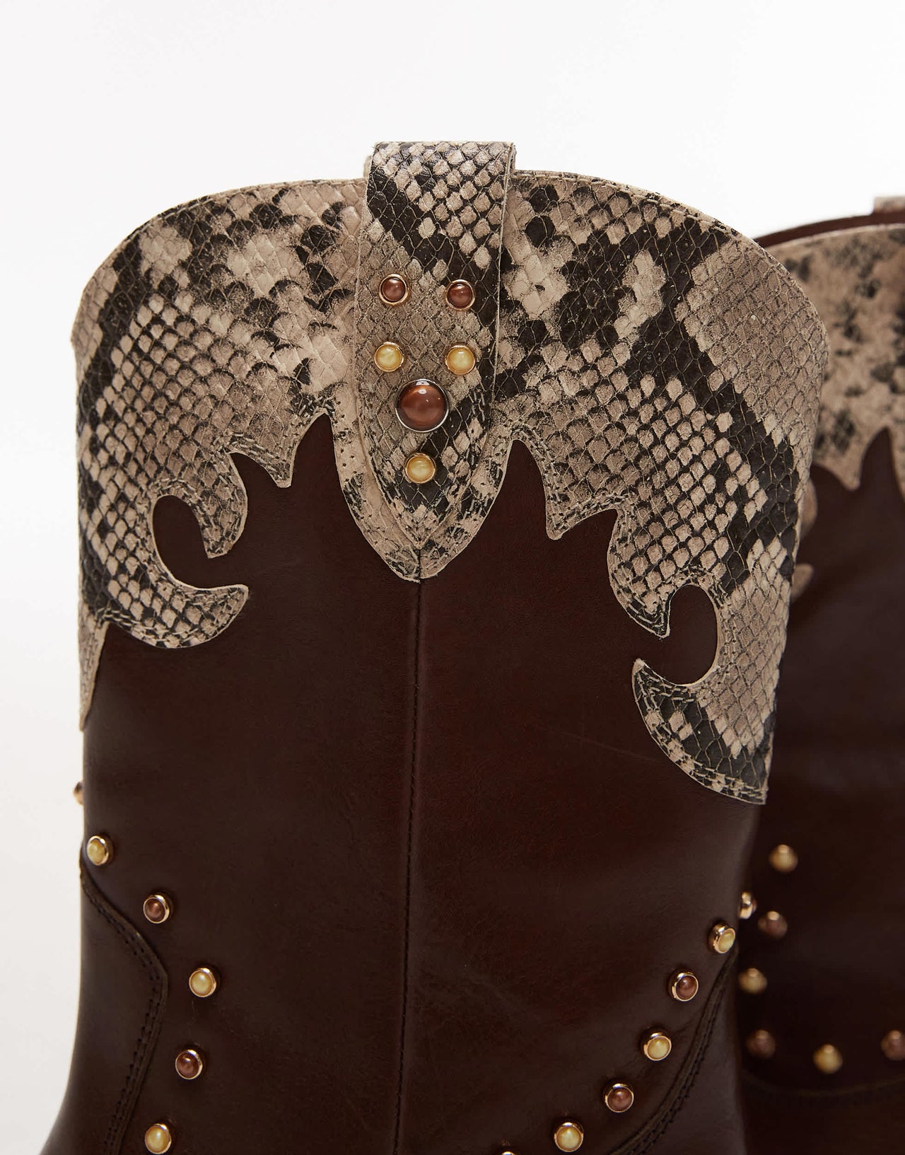 Bronx Jukeson beaded western ankle boots in chocolate and snake leather
