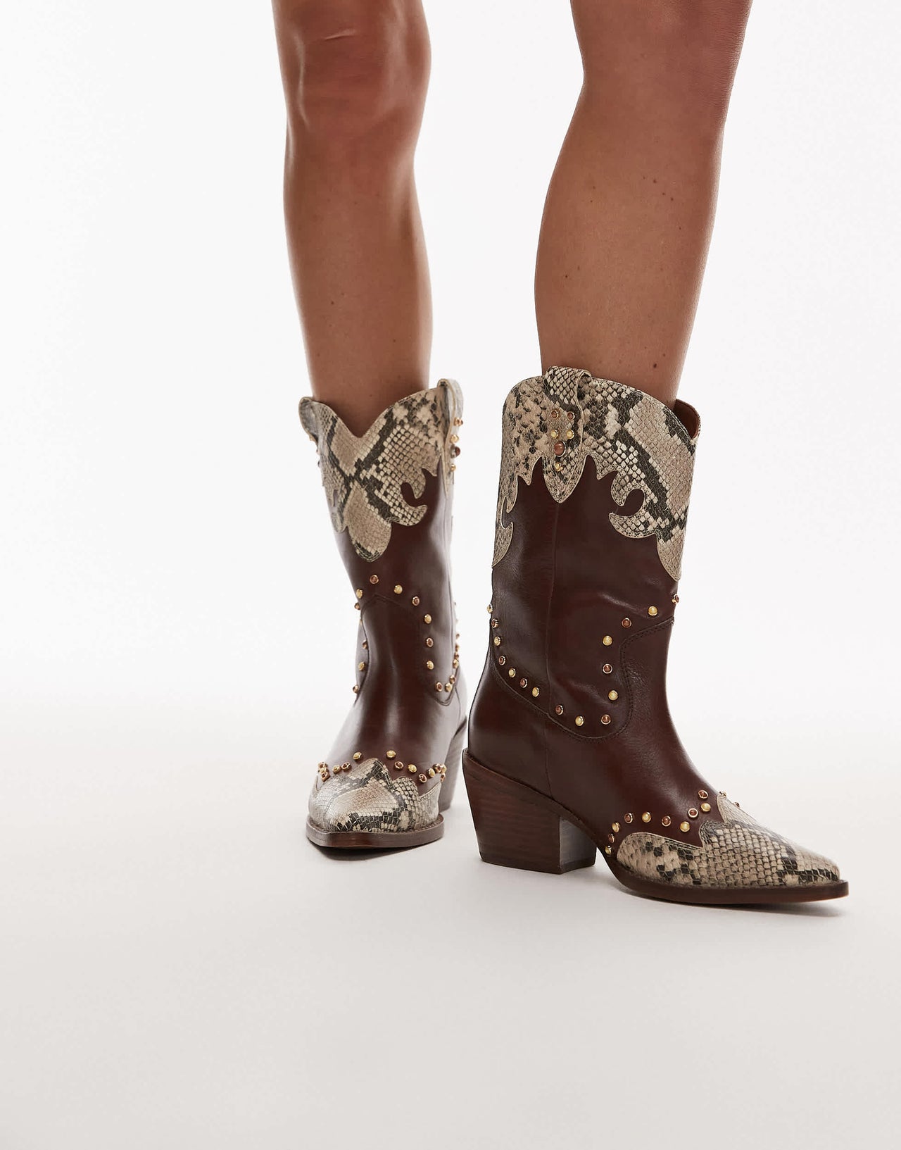 Bronx Jukeson beaded western ankle boots in chocolate and snake leather